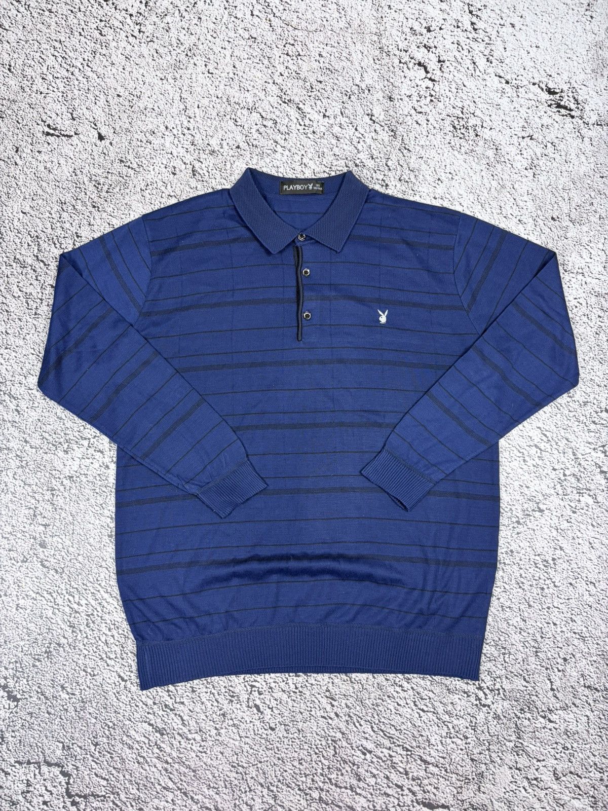 Playboy Playboy Vintage Style Striped Long Sleeve Polo Shirt Blue Size US M / EU 48-50 / 2 - 6 Thumbnail