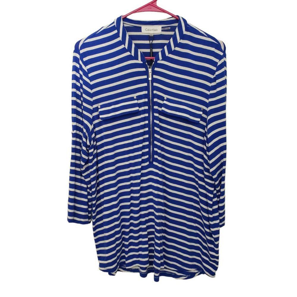 Calvin Klein CT217 Ladies Calvin Klein Zip Front Blue & White Blouse L Size L / US 10 / IT 46 - 1 Thumbnail