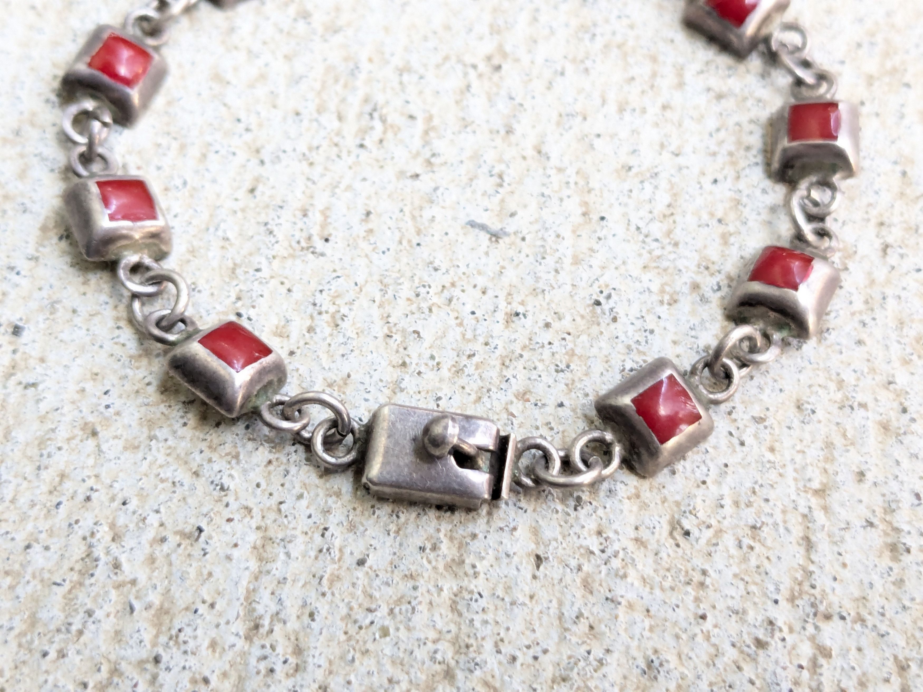 Jewelry Vintage Sterling Silver Bracelet Red Enamel Square Mexico Size ONE SIZE - 3 Thumbnail