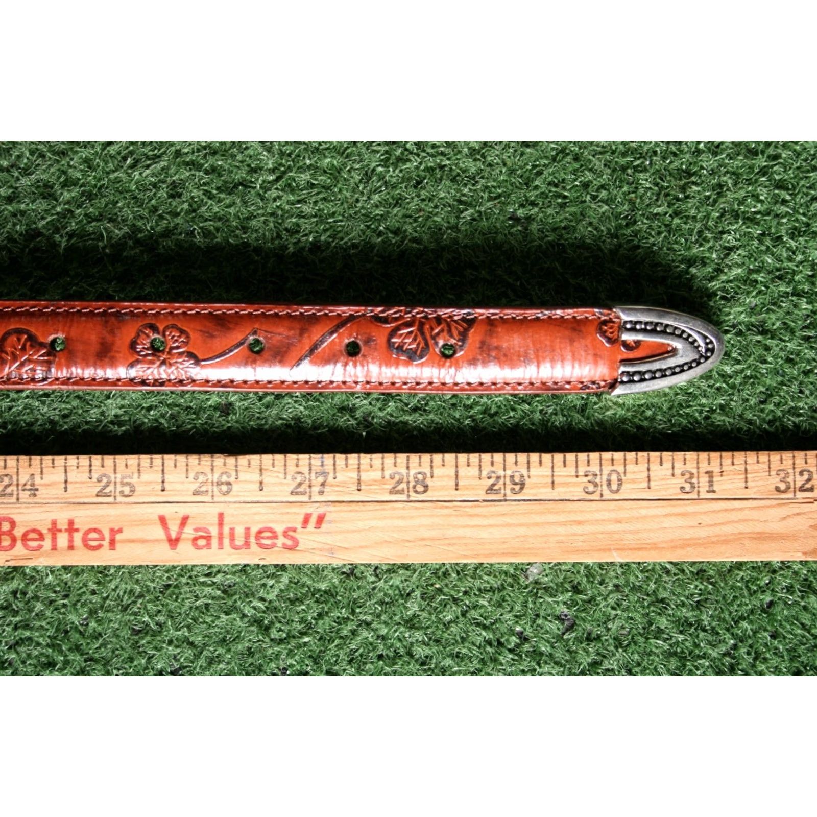Vintage MC Cognac Brown Floral Tooled Leather Belt Women's ≈ Sz. 26 Size ONE SIZE - 4 Thumbnail