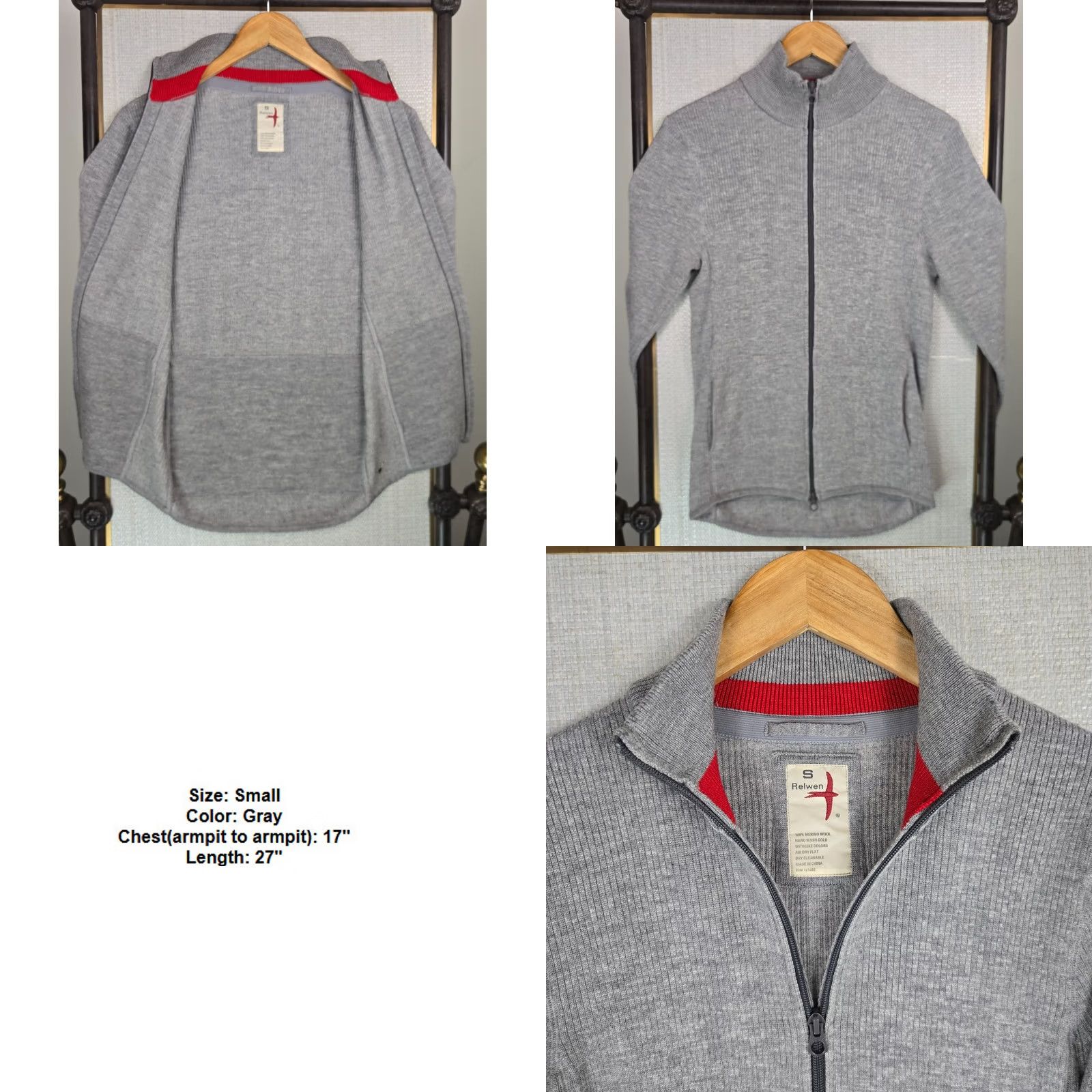 Relwen Relwen Mens Small 100% Merino Wool Full Zip Sweater Jacket Thick Pockets Gray Size US S / EU 44-46 / 1 - 9 Thumbnail