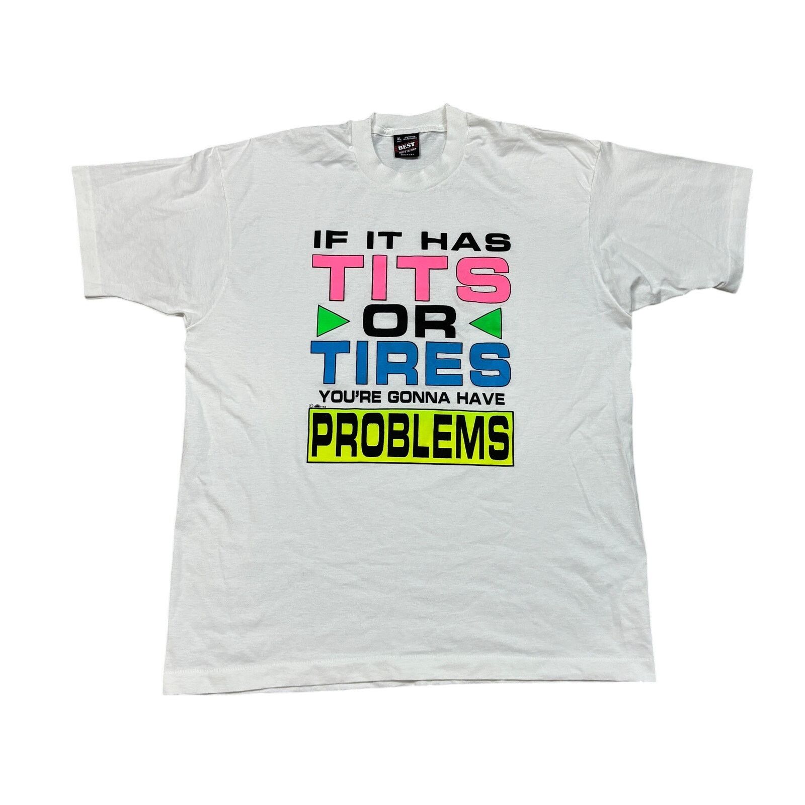 Fruit Of The Loom × Vintage VTG 90s Misogyny Core Tits or Tires Problems Shirt Men's XL Size US XL / EU 56 / 4 - 1 Thumbnail