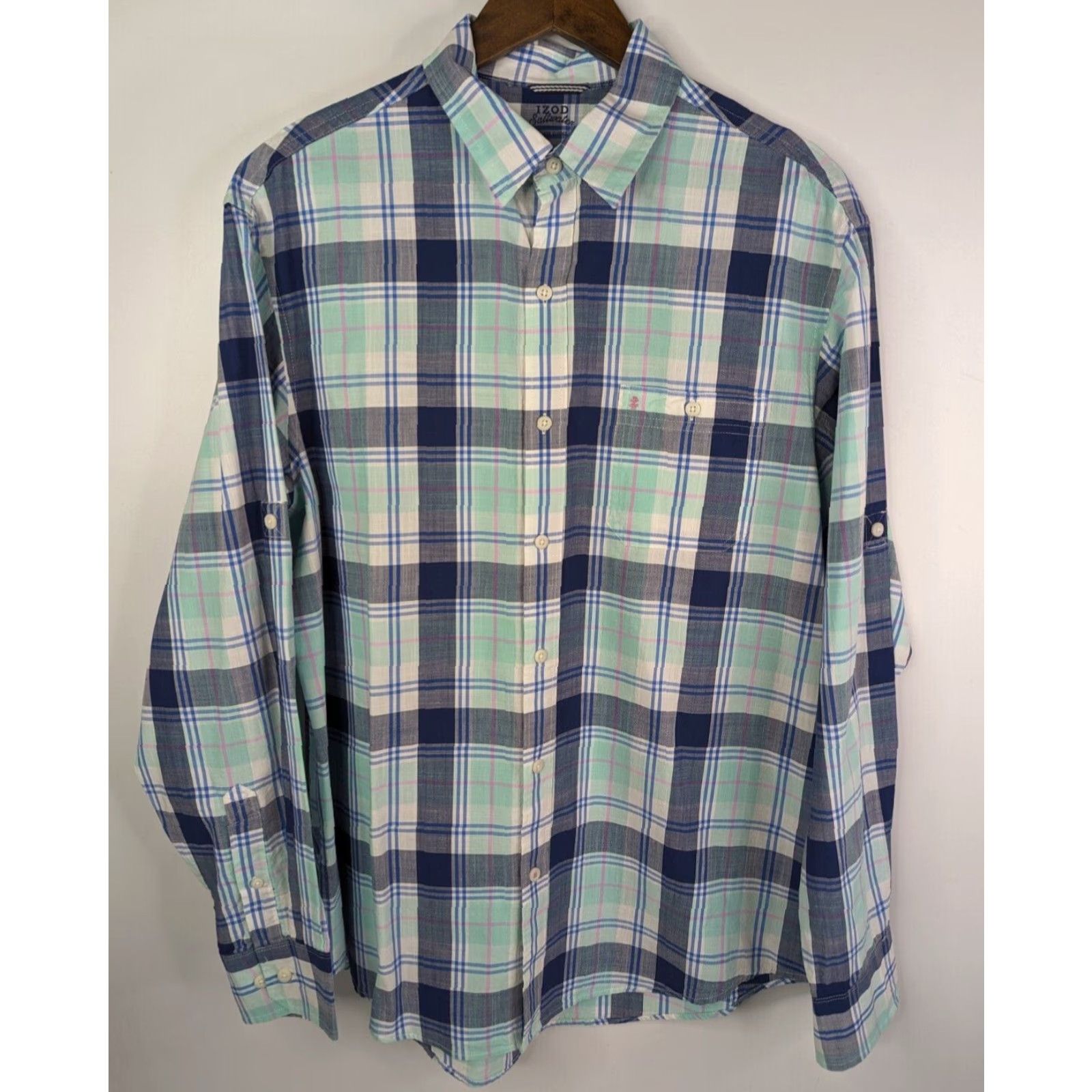 Izod IZOD Button-Up Shirt Mens M Long Sleeve Plaid Blue Pink Multicolor Classic Preppy Relaxed Casual Travel Cotton Size US M / EU 48-50 / 2 - 2 Thumbnail