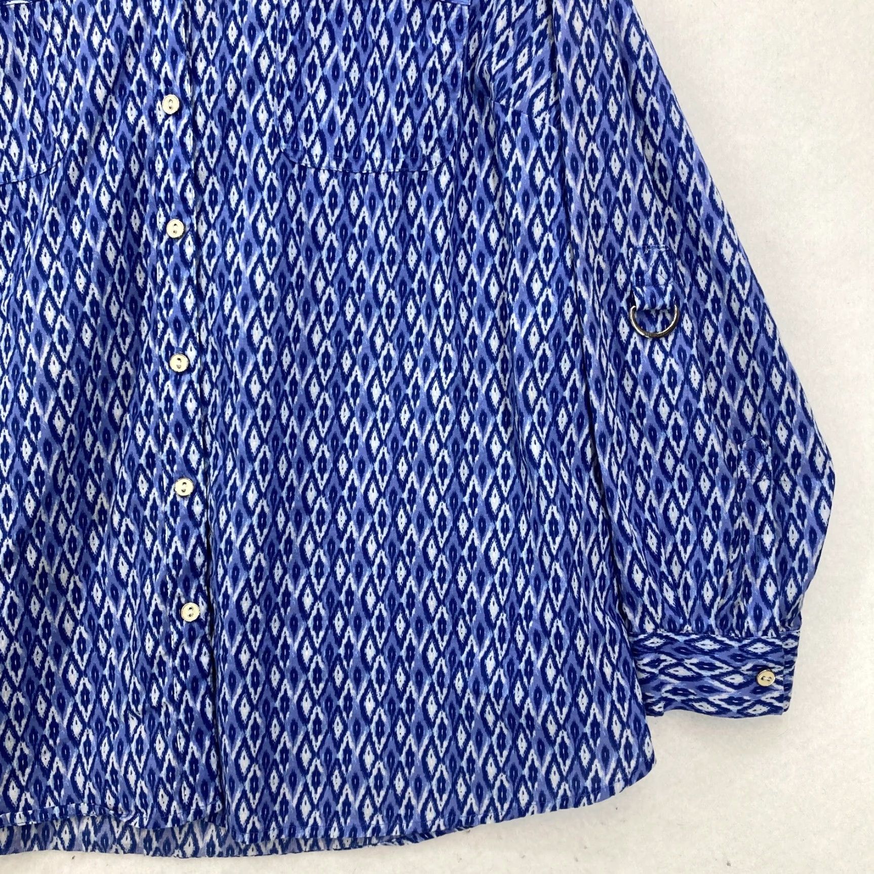 Vintage Catherines 1X Blue Ikat Print Button Front Blouse Cotton Roll Tab Sleeves Boho Shirt Women Plus Size Regular Fit Casual Bohemian Feminine Size XL / US 12-14 / IT 48-50 - 3 Thumbnail