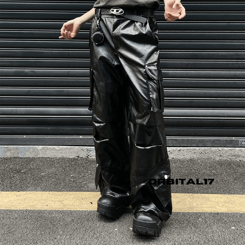 Leather Black Cargo Baggy Stacked Flare Faux Leather Jeans Size US 32 / EU 48 - 3 Thumbnail