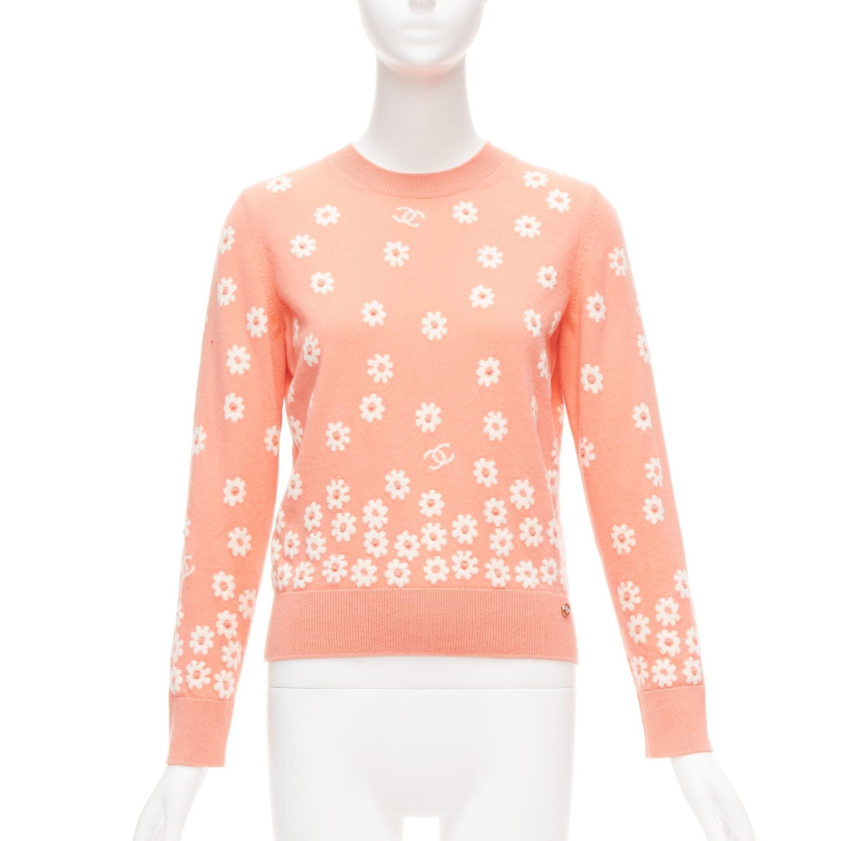 image of Chanel 22P Peach Cashmere Blend Floral Cc Knitted Pullover Sweater Fr34, Women's (Size XS)