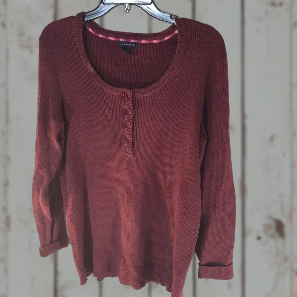 Lands' End Lands' End Women's Blouse Shirt Dress Casual Fall Winter XL Burgundy Cotton Spandex Nylon V-Neck Pullover Size XL / US 12-14 / IT 48-50 - 1 Thumbnail