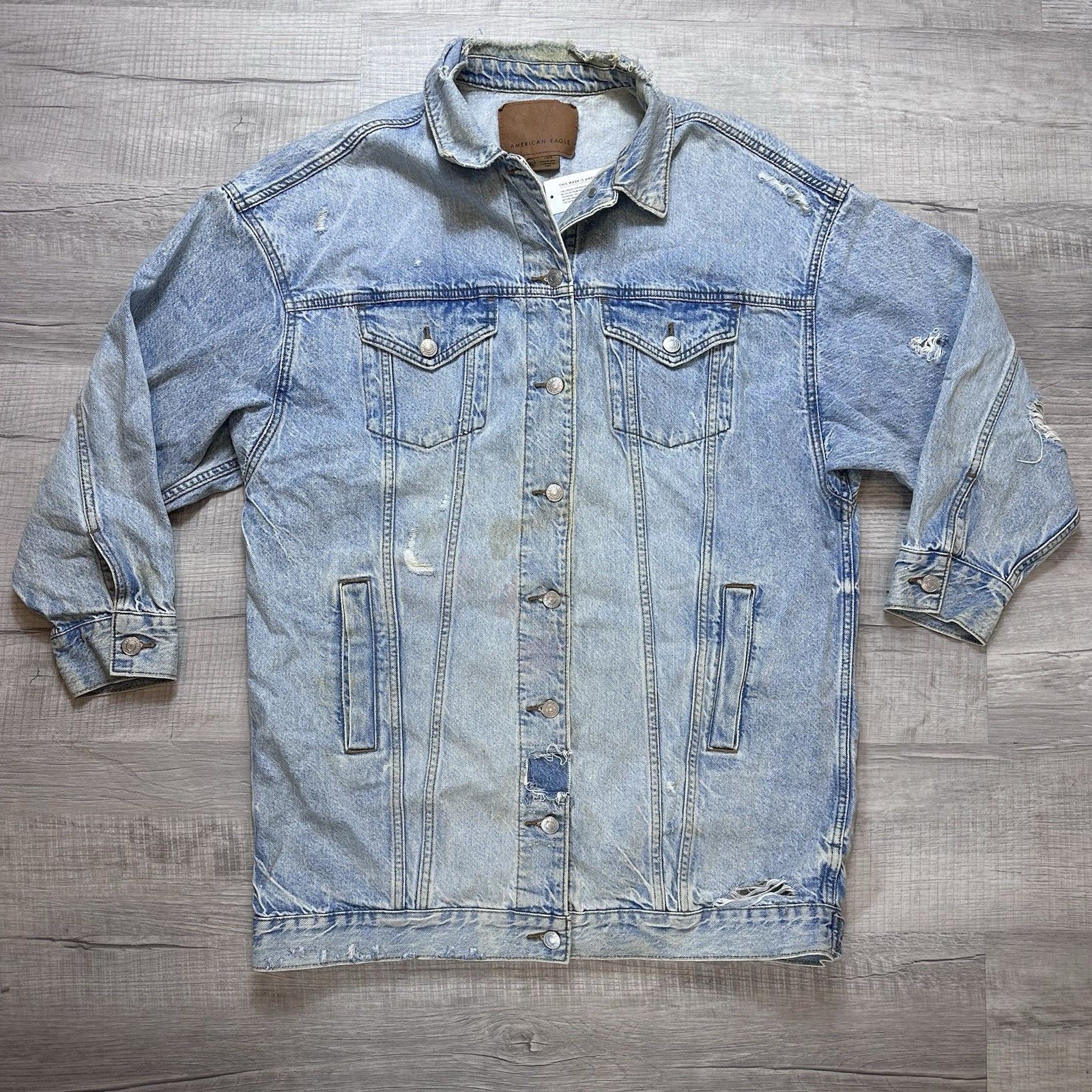 American Eagle Outfitters American Eagle Aerie Distressed Womens Oversized Jean Jacket Size L / US 10 / IT 46 - 1 Thumbnail
