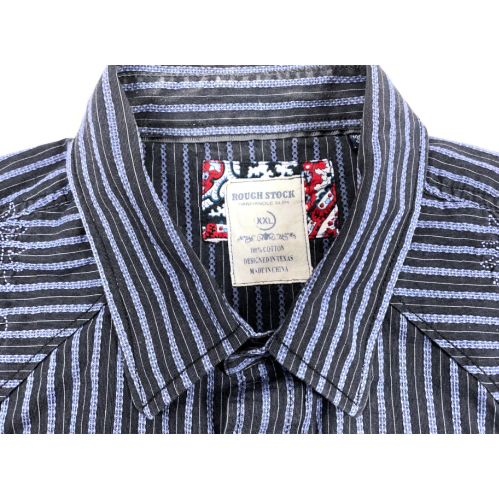 Vintage Rough Stock Western Shirt Adult 2XL Blue Striped Geometric Cotton Embroidered Snap Button Pockets 90s Cowboy Grunge Rockabilly Mens Size US XXL / EU 58 / 5 - 6 Thumbnail