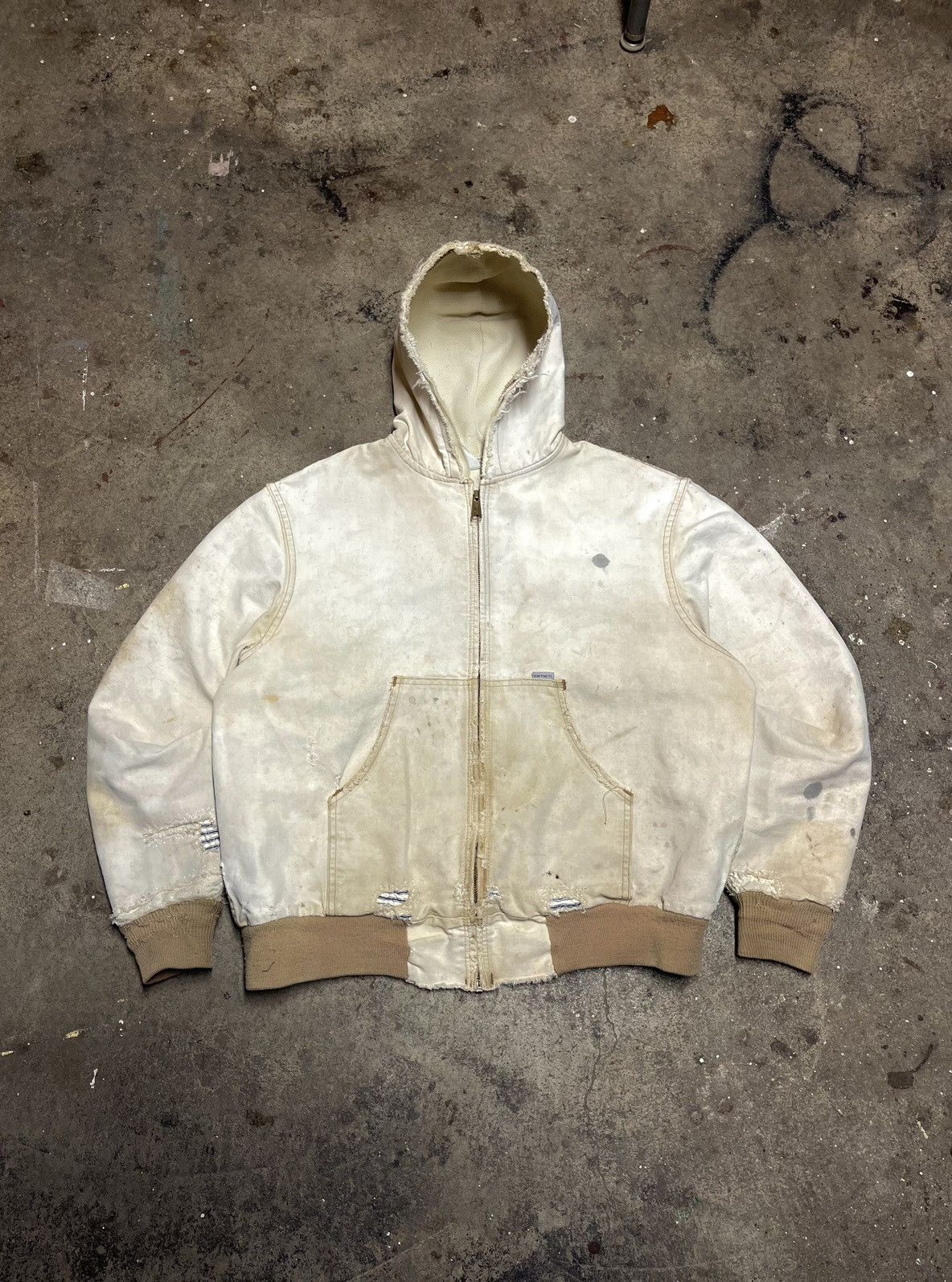 image of Vintage 1990S Carhartt Distressed Hooded Jacket Made In Usa in Beige, Men's (Size Medium)