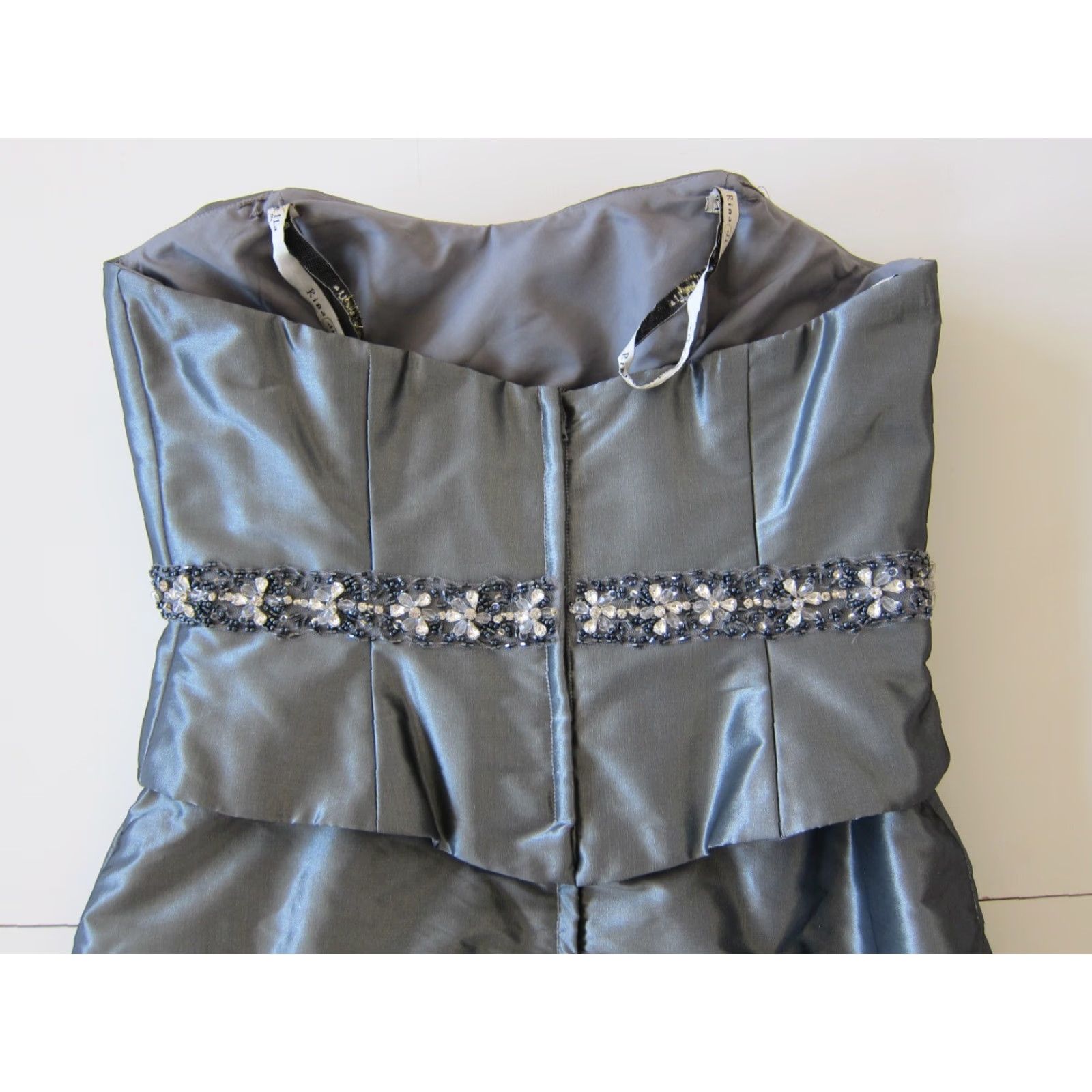 Vintage Rina Di Montello Blue Grey Satin Jewel Diamond Strapless Formal Party Dress 8 Size XS / US 0-2 / IT 36-38 - 5 Thumbnail
