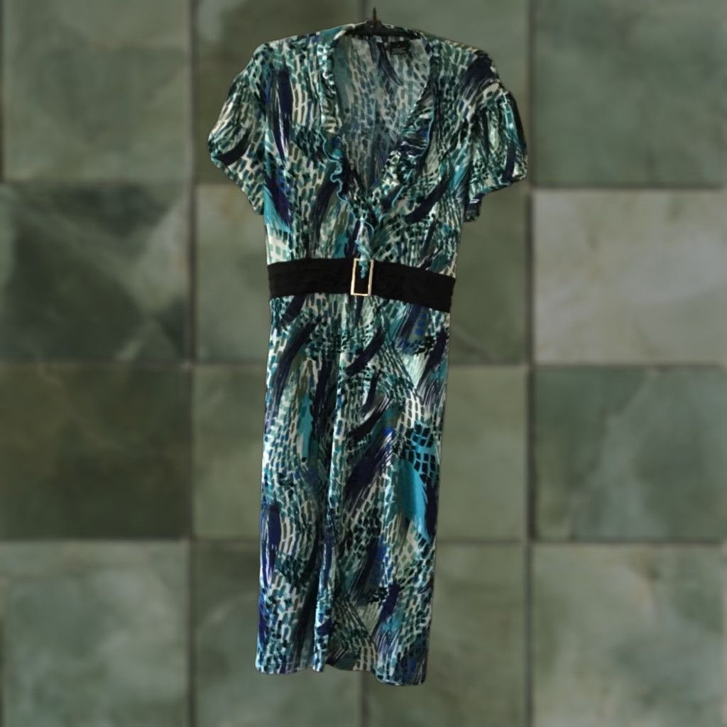 Vintage New Directions Woman's Geometrical Print Dress Belt Look Black Teal Blue Large Satin? Size L / US 10 / IT 46 - 1 Thumbnail