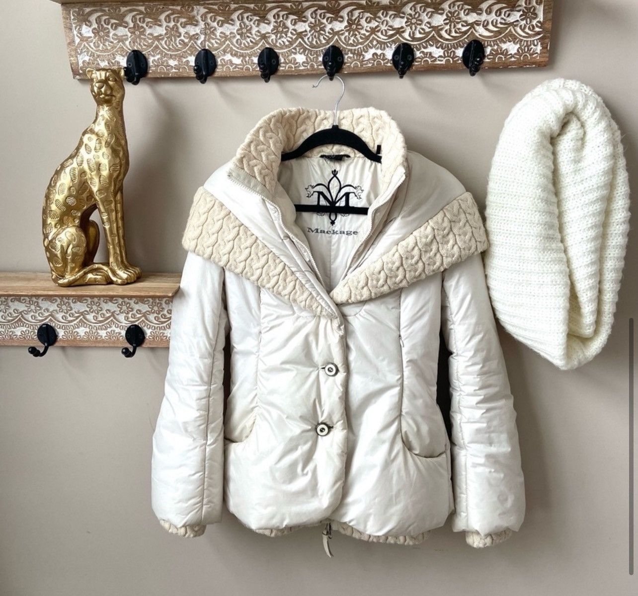 MACKAGE puffer jacket Xs luxury jacket w cable knit sweater