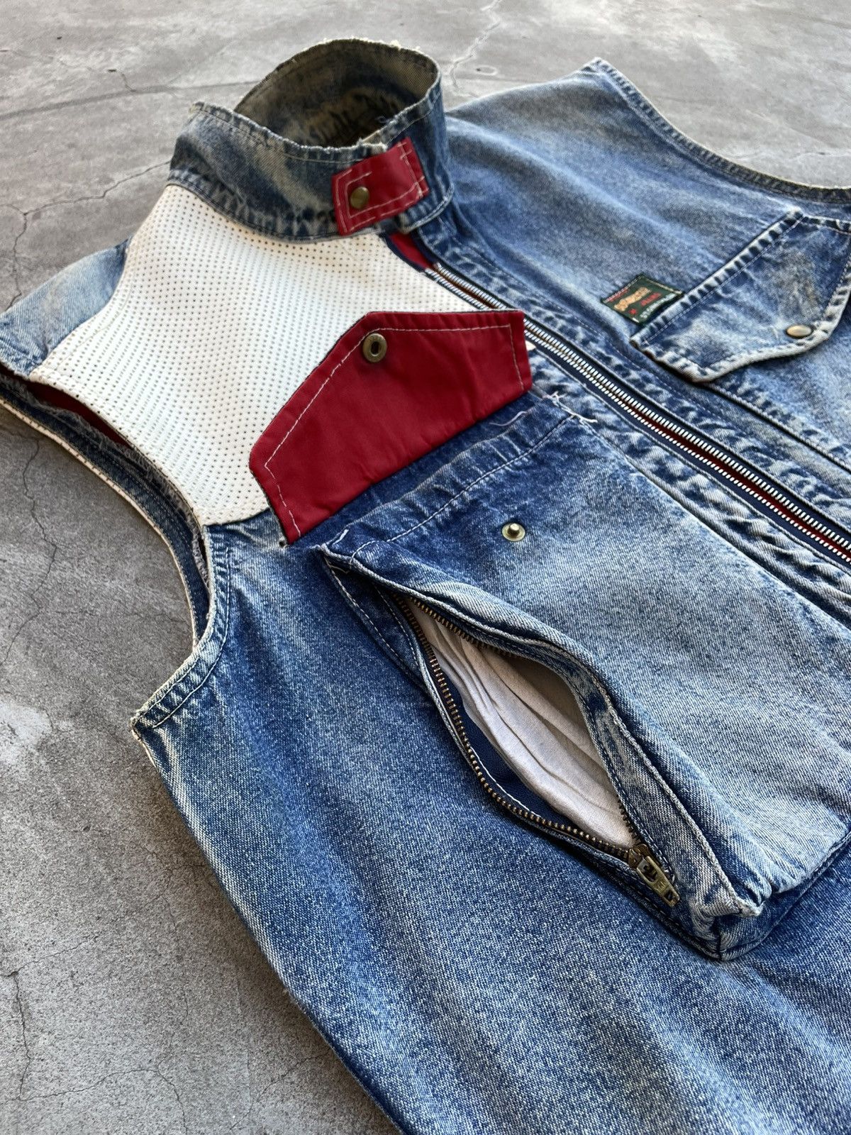 Vintage 1970s Leather Vest On Riri Zipper, Stonewashed Denim- Wescot Size US L / EU 52-54 / 3 - 19 Thumbnail