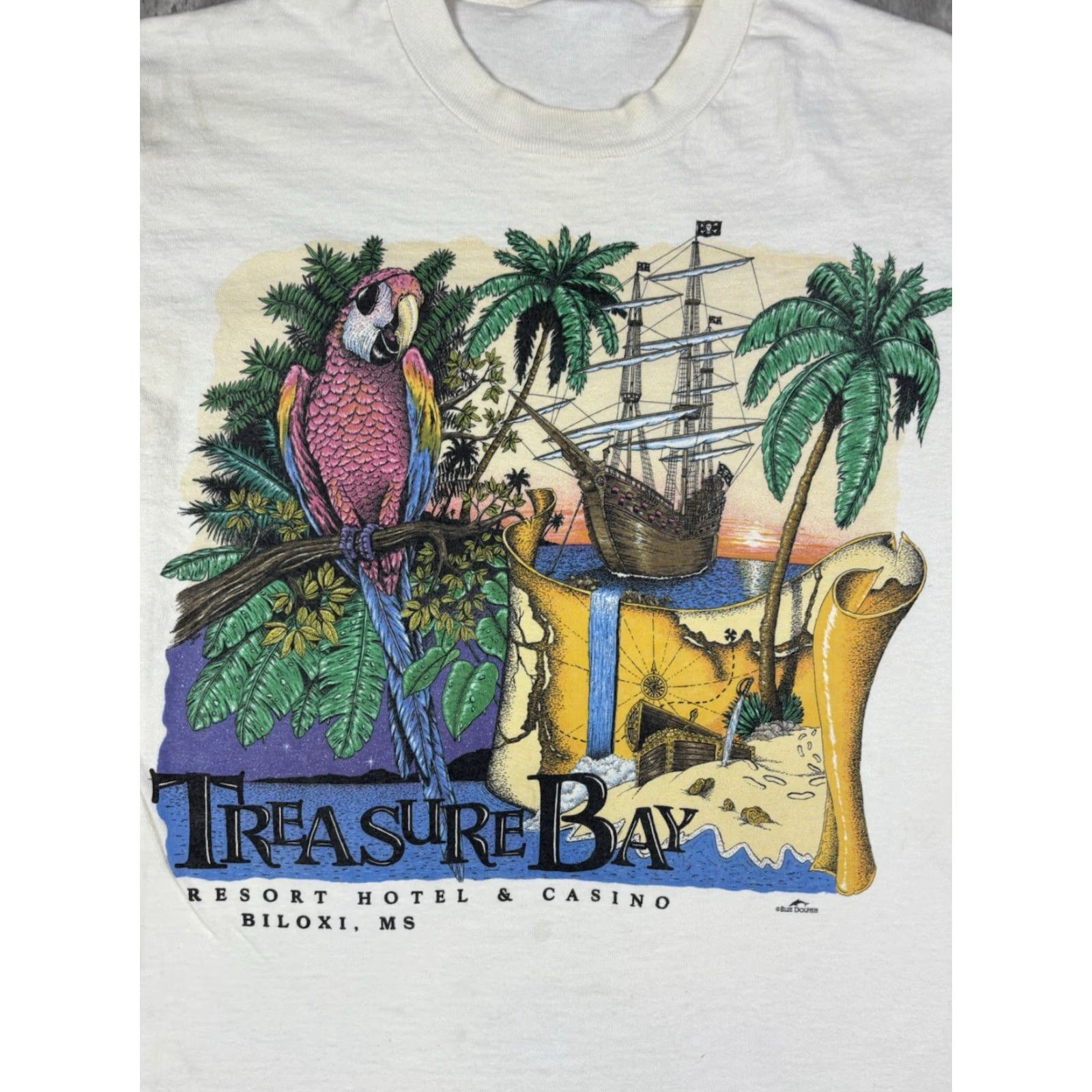 Fruit Of The Loom VINTAGE 90s Treasure Bay Art T Shirt M Fruit of the Loom Shirt Mens White Cotton Graphic Print Short Sleeve Round Neck 90s Vintage Size US M / EU 48-50 / 2 - 6 Thumbnail