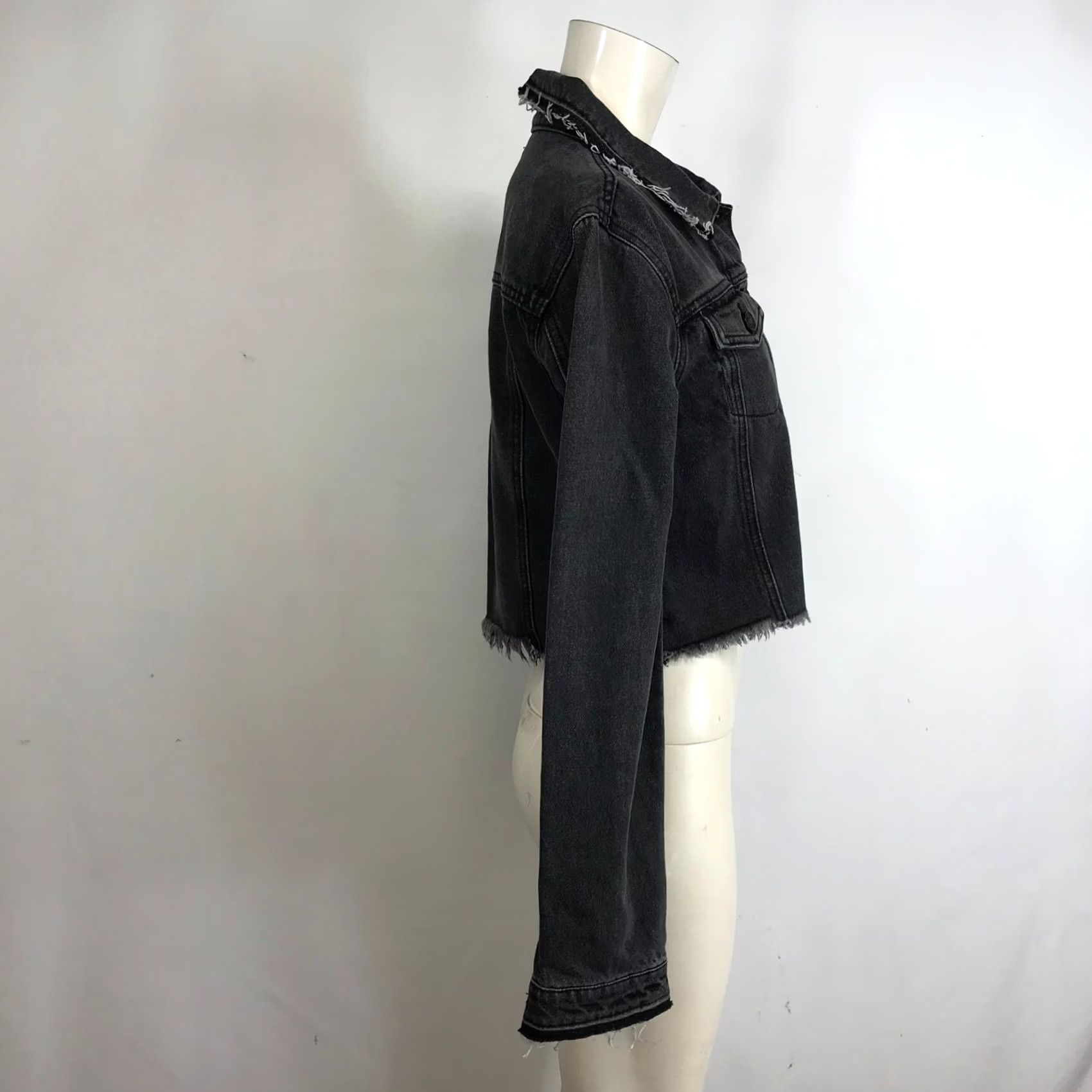 Vintage Kancan Los Angeles Distressed Denim Jacket Charcoal Grey Cropped Raw Hem Evening? Size M / US 6-8 / IT 42-44 - 4 Thumbnail