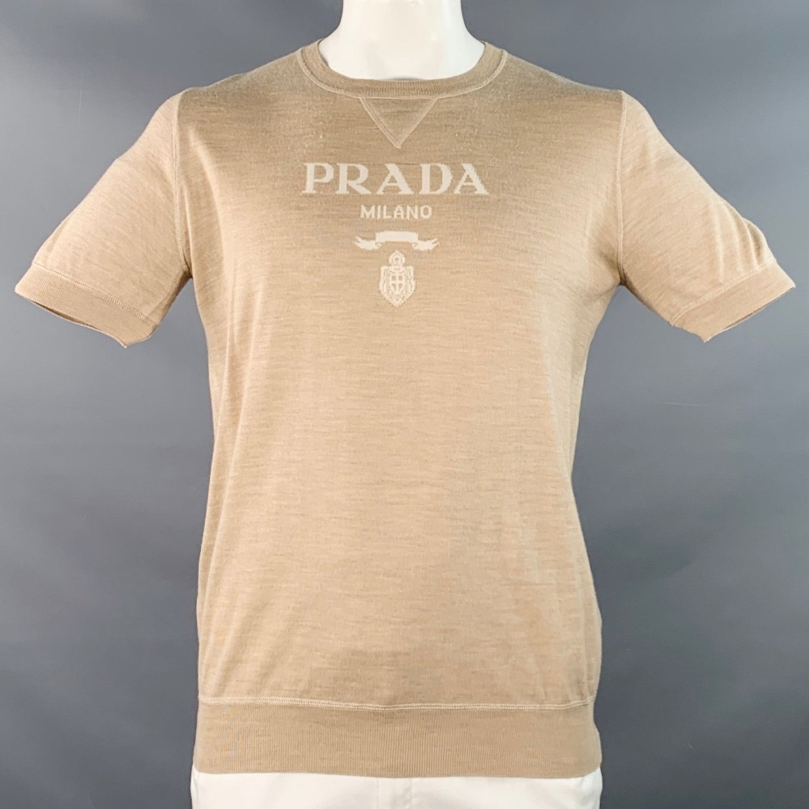 Prada Size L Beige Cream Logo Cashmere Wool Jersey Short Sleeve Size US L / EU 52-54 / 3 - 1 Thumbnail
