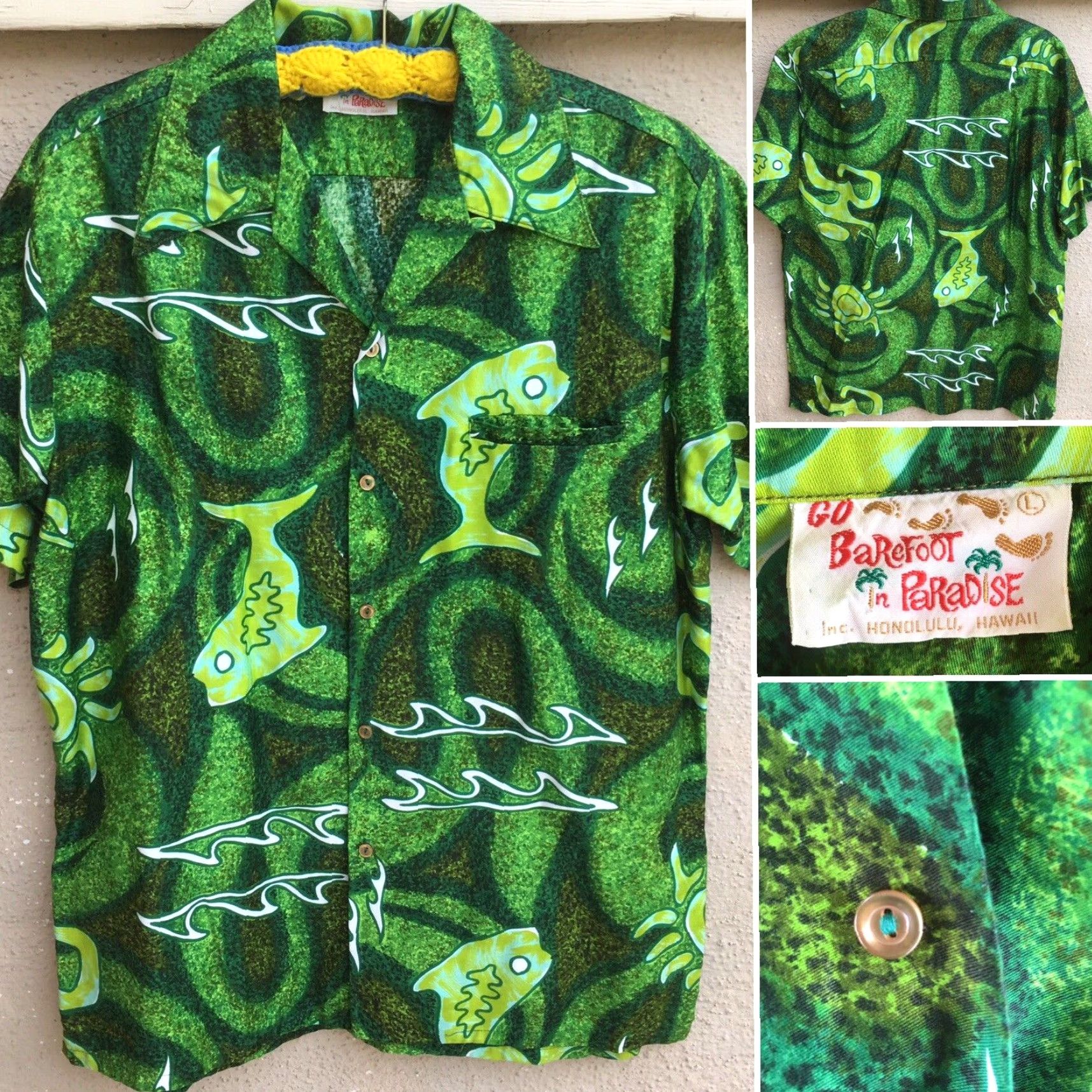Vivobarefoot Vintage Go Barefoot Honolulu Hawaiian Shirt Hawaii Tiki Aloha Fish L Green Short Sleeve Casual Sportswear/Beach Mens L Size US L / EU 52-54 / 3 - 2 Thumbnail