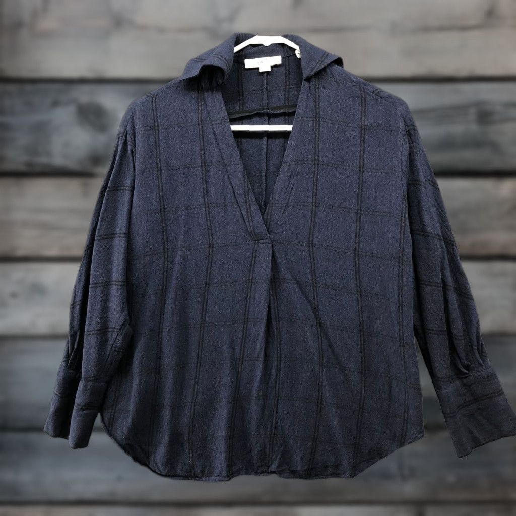 Vince Vince V-Neck Wool-Blend Marina Johnny Collar Long Sleeve Blouse XXS Blue Plaid Shirt Women XS Size XXS / US 00 / IT 34 - 1 Thumbnail