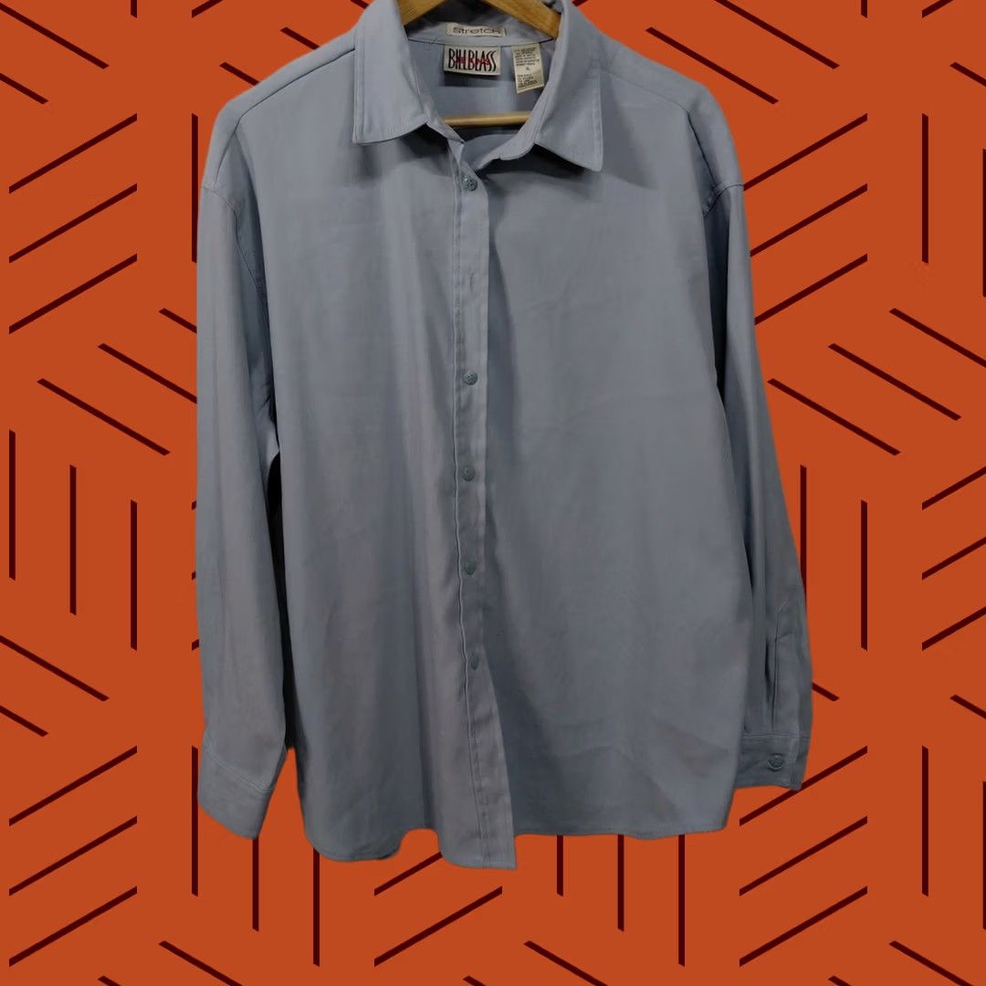 Bill Blass BILL BLASS Shirt Button-Up Solid Knit Stretch Long Sleeve Men XL Blue Casual, Business Dress Shirt, Cotton Polyester, Regular Fit Size US XL / EU 56 / 4 - 1 Thumbnail