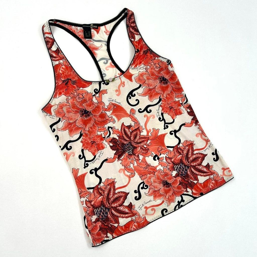 Just Cavalli y2k Cavalli white tank top, red and black floral print Size L / US 10 / IT 46 - 1 Thumbnail