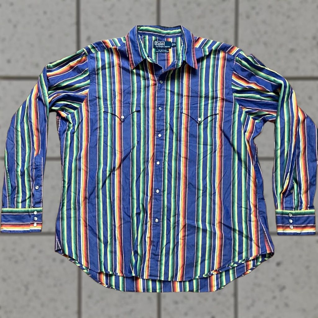 Polo Ralph Lauren Polo Ralph Lauren Western Shirt XL Multicolor Striped Pearl Snap Long Sleeve Button-Up Mens Size US XL / EU 56 / 4 - 1 Thumbnail