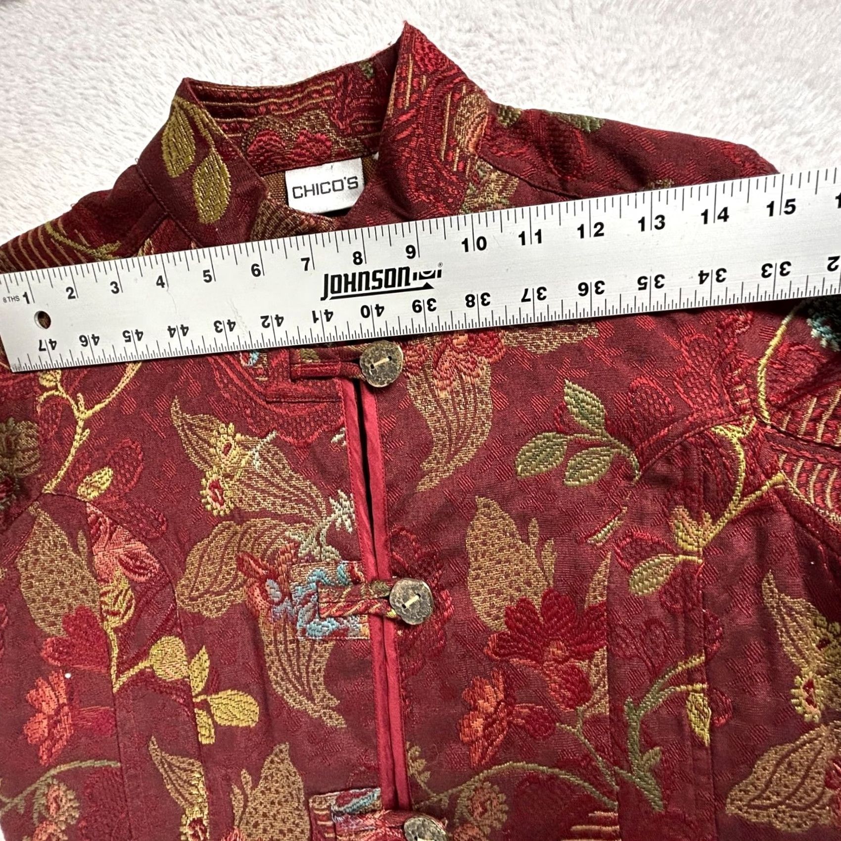 Vintage Chico's Women Red Floral Embroidered Asian Jacket Mandarin Collar Cottage Size 0 Size XS / US 0-2 / IT 36-38 - 6 Thumbnail