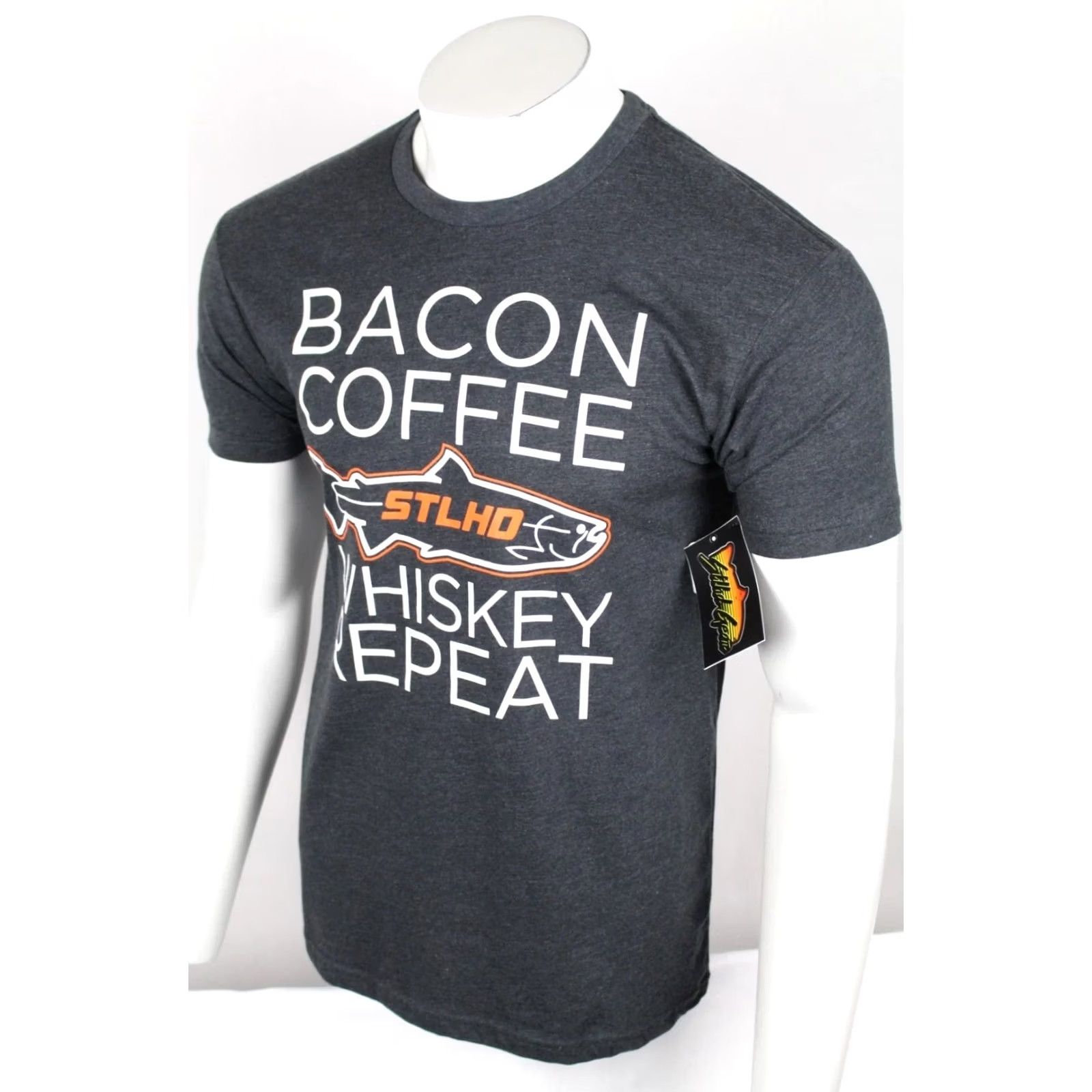 Vintage STLHD Fishing Men's T Shirt Necessities Bacon Coffee Whiskey Repeat M Medium Gray Solid Short Sleeve Crew Neck Graphic Print Non-Vintage Size US M / EU 48-50 / 2 - 3 Thumbnail