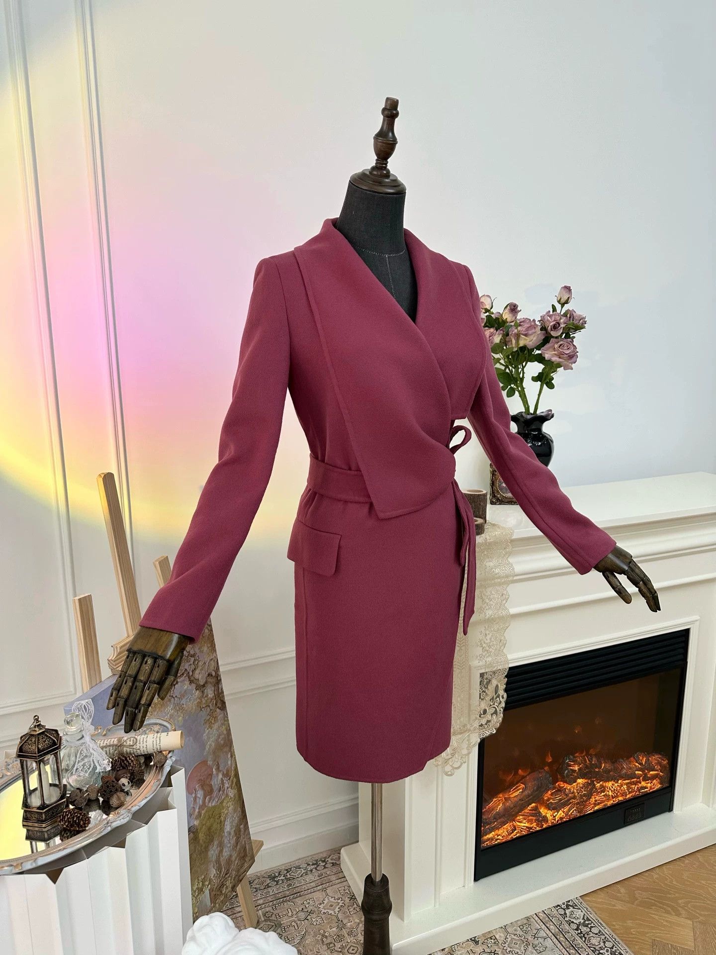 Max Mara MaxMara asym collar tie-waist wool coat women's smoke pink Size S / US 4 / IT 40 - 6 Thumbnail