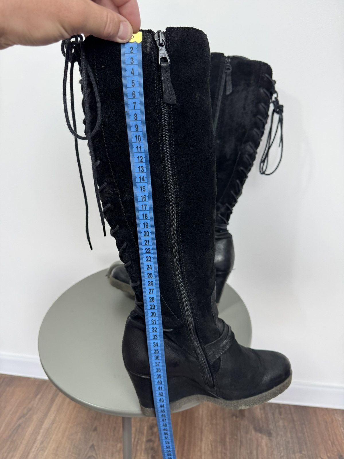 Other Vintage Black Wedge Knee High Boots Back Lace Up Suede EU 38 Size US 7 / IT 37 - 17 Thumbnail