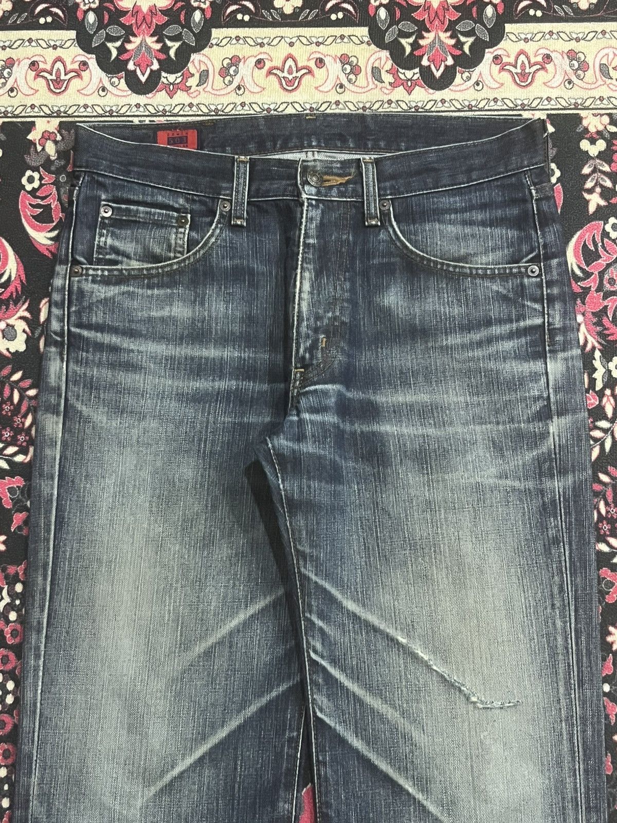 Edwin Edwin 503ZZ Dark Blue Faded Whisker Ripped Straight Leg Jean Size US 31 - 4 Thumbnail