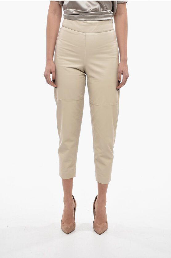 image of Brunello Cucinelli High-Waisted Leather Pants With Side Zip in Beige, Women's (Size 27)