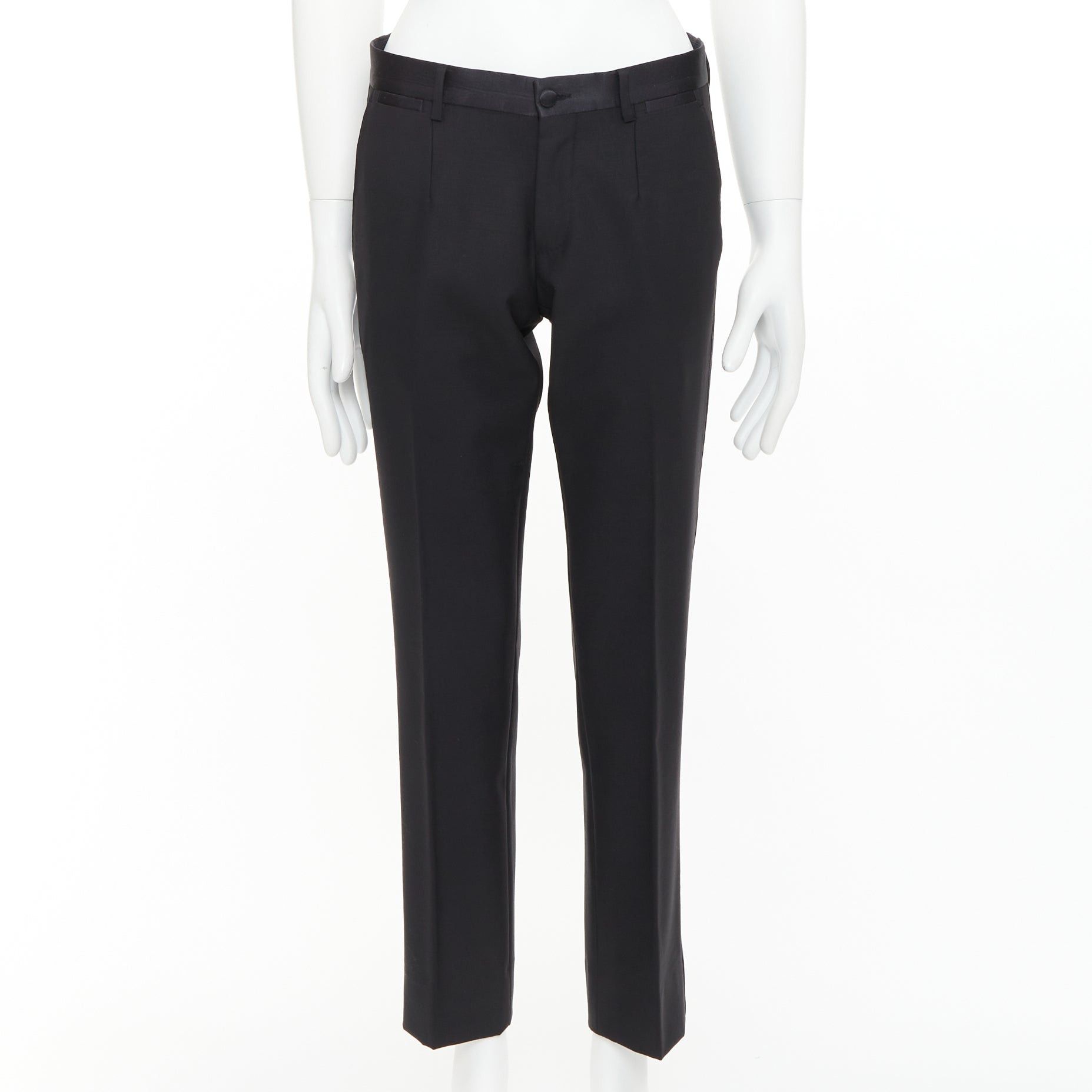 Dolce & Gabbana DOLCE GABBANA black wooly satin waist trim taperd mid waist pants IT44 XS Size US 26 / EU 42 - 1 Thumbnail