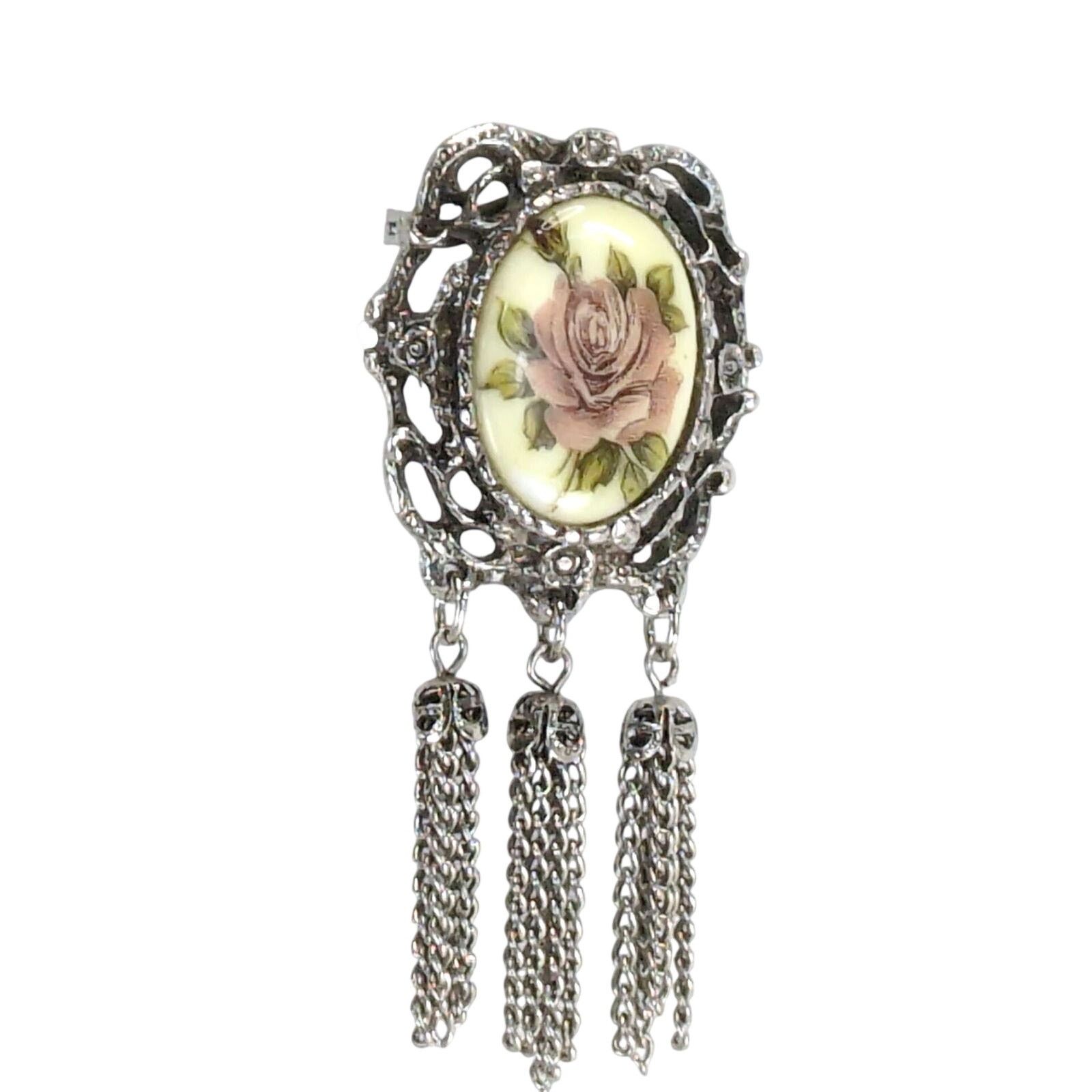 Vintage Vintage Victorian Revival Rose Cameo Brooch Pin with Tassels Size ONE SIZE - 2 Thumbnail