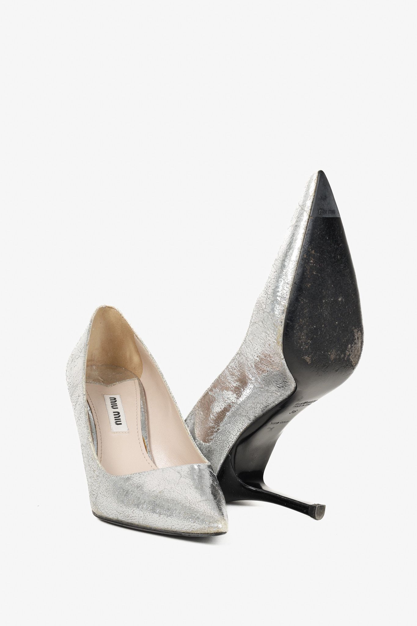Miu Miu Miu Miu Silver Specchio Crackle Foil Metallic Heels Size US 5.5 / IT 35.5 - 4 Thumbnail