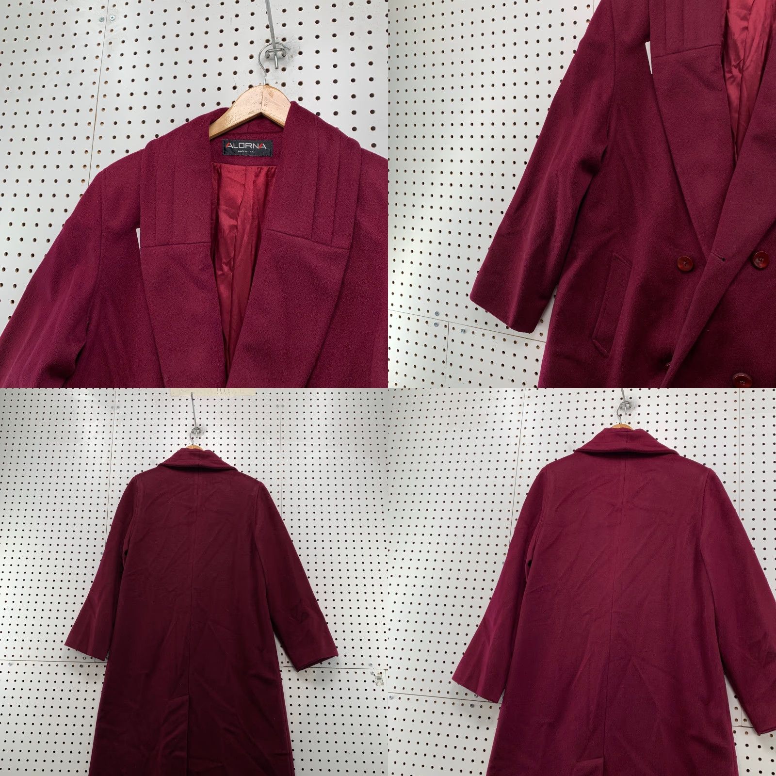 VINTAGE Alorna Wool Overcoat Womens L Burgundy Alorna Double Breasted USA Coat Long Winter 90s Womens