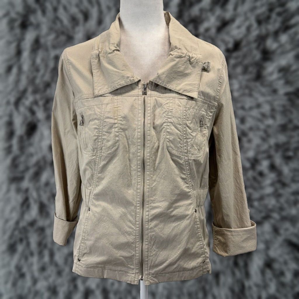Vintage Chicos Lightweight Cotton Blend Beige Medium Jacket Full Zip Roll Tab Sleeves Women Size XS / US 0-2 / IT 36-38 - 1 Thumbnail