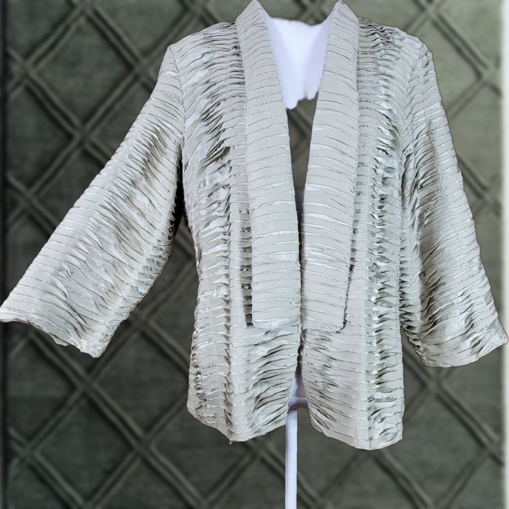 Vintage Chico's Cardigan Blazer Top Open Front Long Sleeve Women’s XS? Size 1 Silver Gray Crinkle Ruffle Knit Sweater Casual Fall Spring Summer Winter Womens Size XS / US 0-2 / IT 36-38 - 1 Thumbnail
