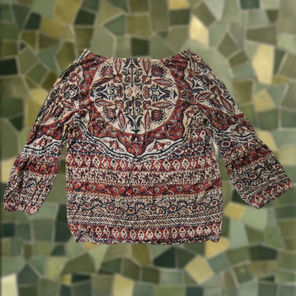 Lucky Brand Lucky Brand Blouse Geometric Beaded Batik Scoop Neck 3/4 Sleeve Grey Brown Women M Size M / US 6-8 / IT 42-44 - 1 Thumbnail