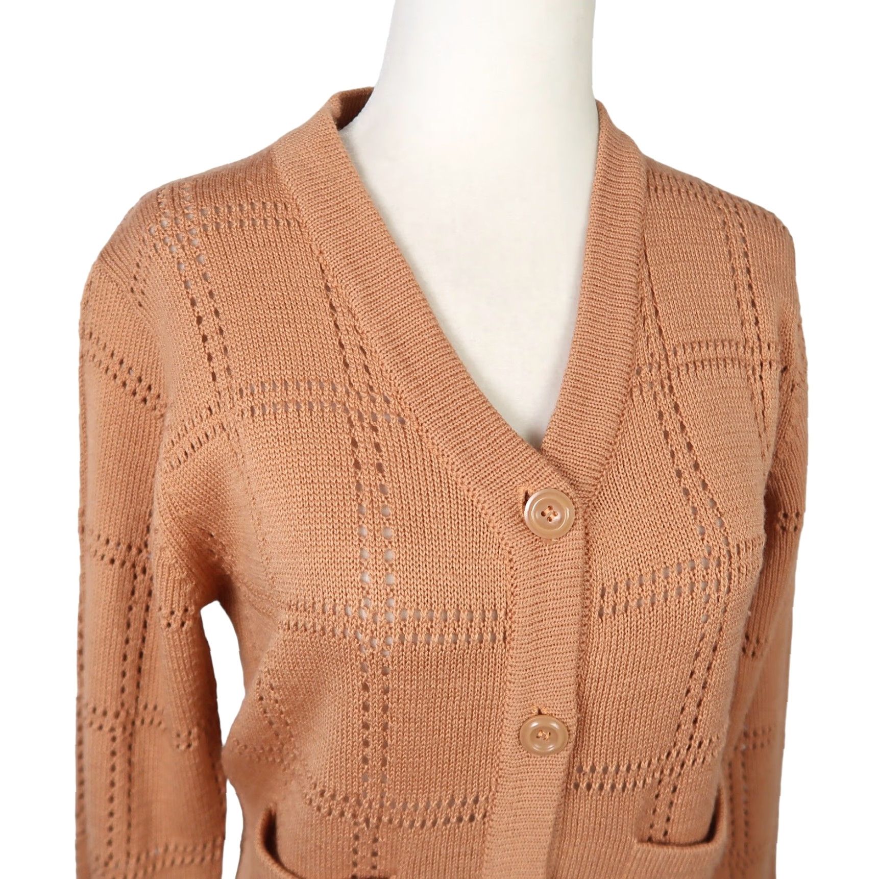 Camel VINTAGE Loubella Extendables Cardigan Sweater S Women Camel Tan Grid Knit Long Sleeve 70s Size S / US 4 / IT 40 - 2 Thumbnail