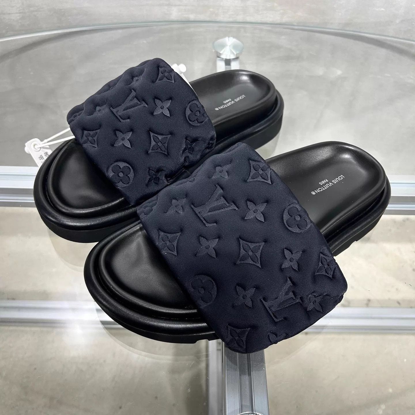 Louis Vuitton LV Black Embossed Allover Print Velcro Slippers UK3/37 Size US 6.5 / IT 36.5 - 2 Thumbnail