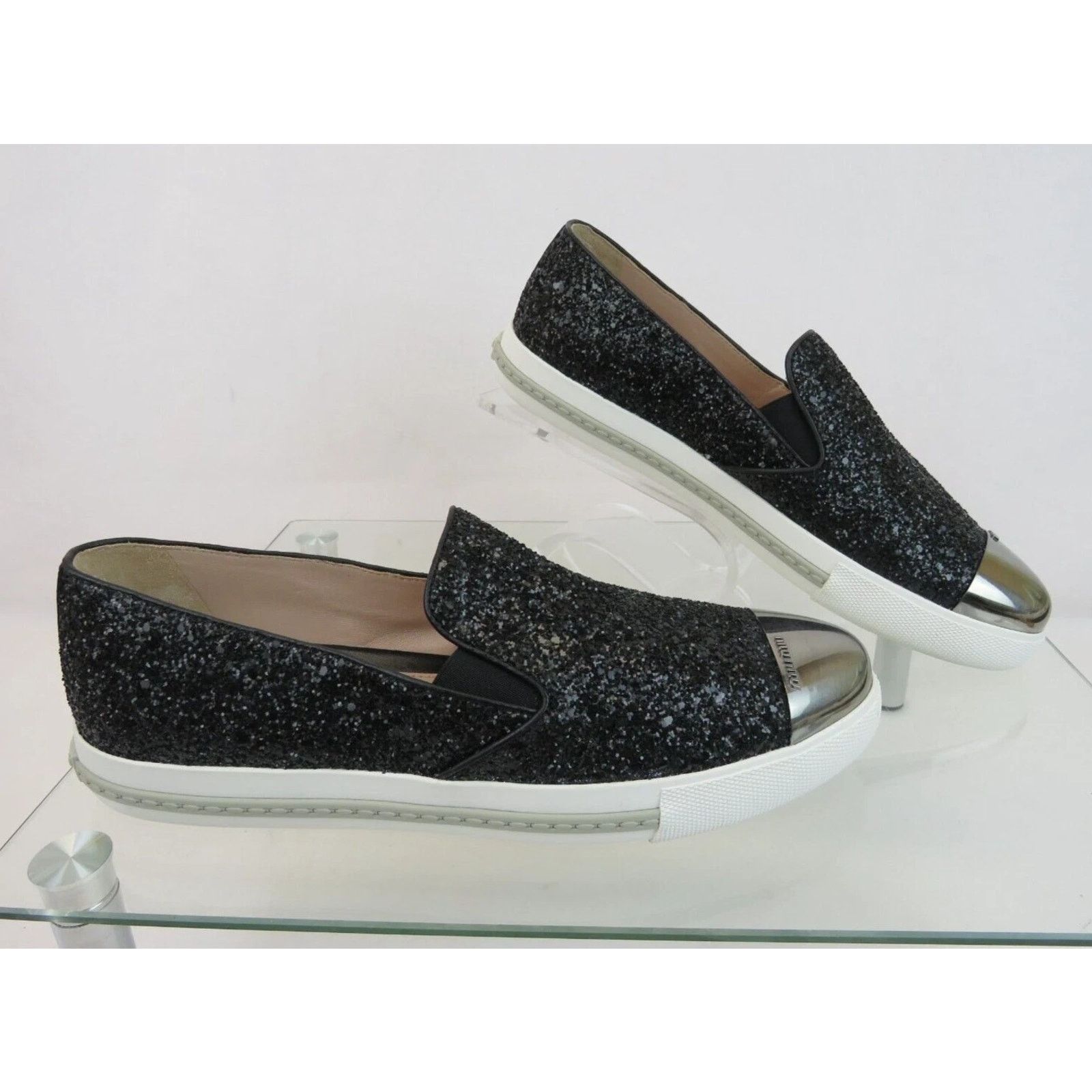 Miu Miu NIB MIU MIU PRADA 5S9 BLACK GLITTER LOGO LOAFERS SNEAKERS 41 Size US 11 / IT 41 - 7 Thumbnail
