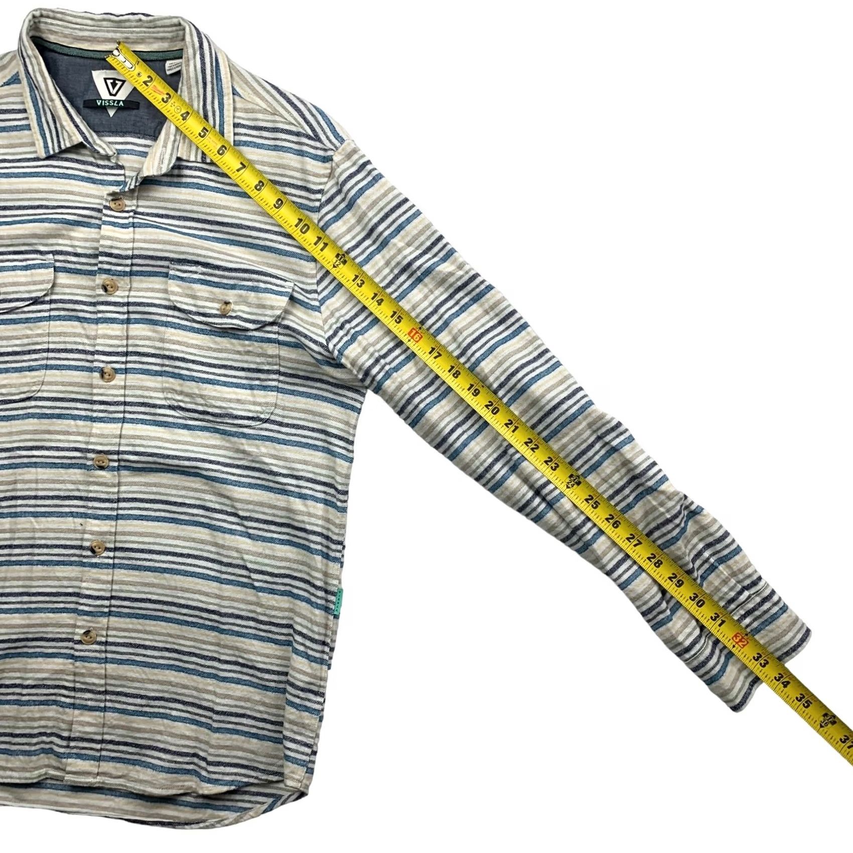 Vissla Vissla Button-Up Shirt Mens L/S Beige/Blue Stripe Medium Cotton 100% Long Sleeve Shirt Size US M / EU 48-50 / 2 - 6 Thumbnail