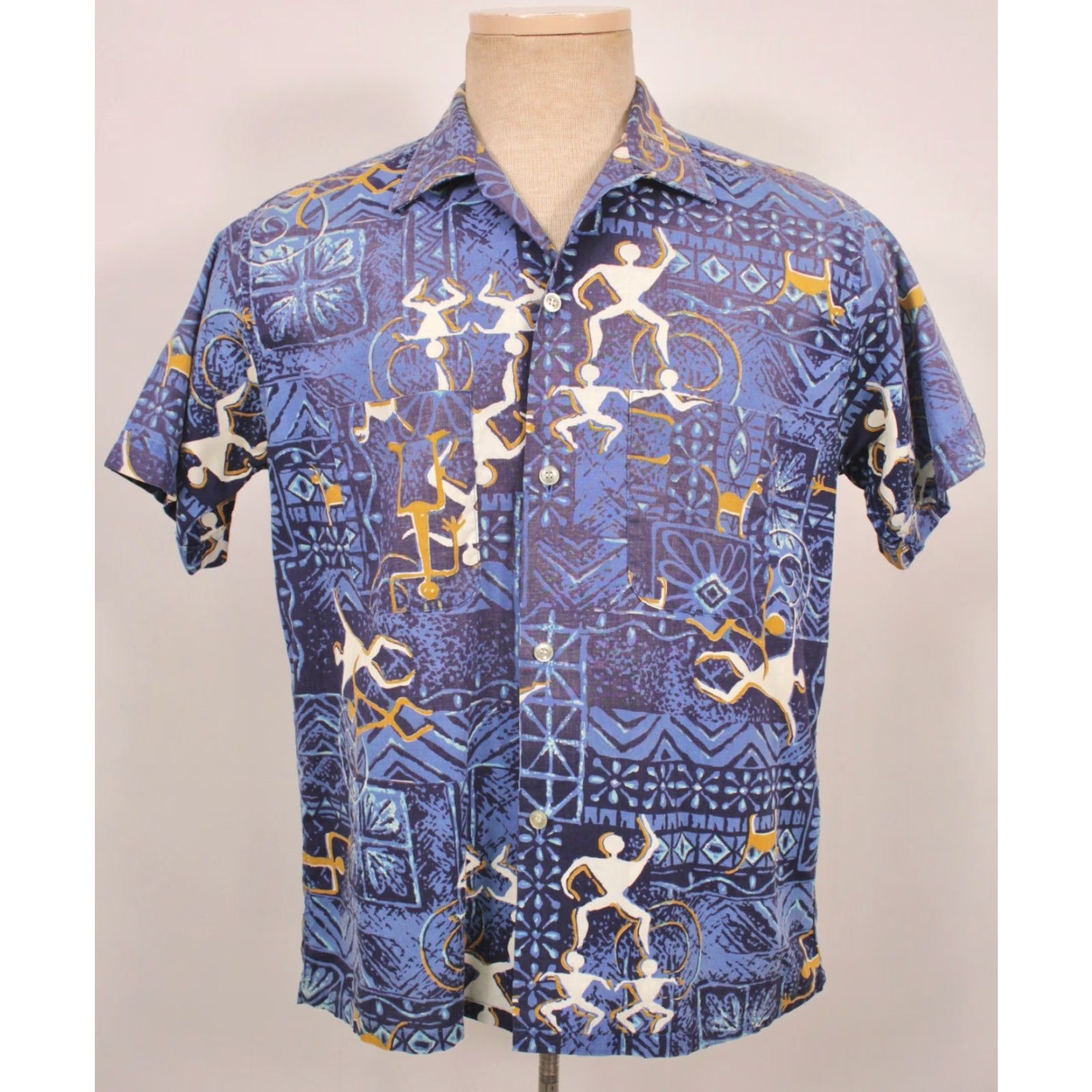 Vintage Nike Shirt Mens VTG 50s Blue Tiki Hawaiian Lanier M 1950s Cotton Lanier Loop Collar 1950s Hawaiian Shirt Mens Blue Cotton Lanier Vintage Shirt Size US M / EU 48-50 / 2 - 2 Thumbnail