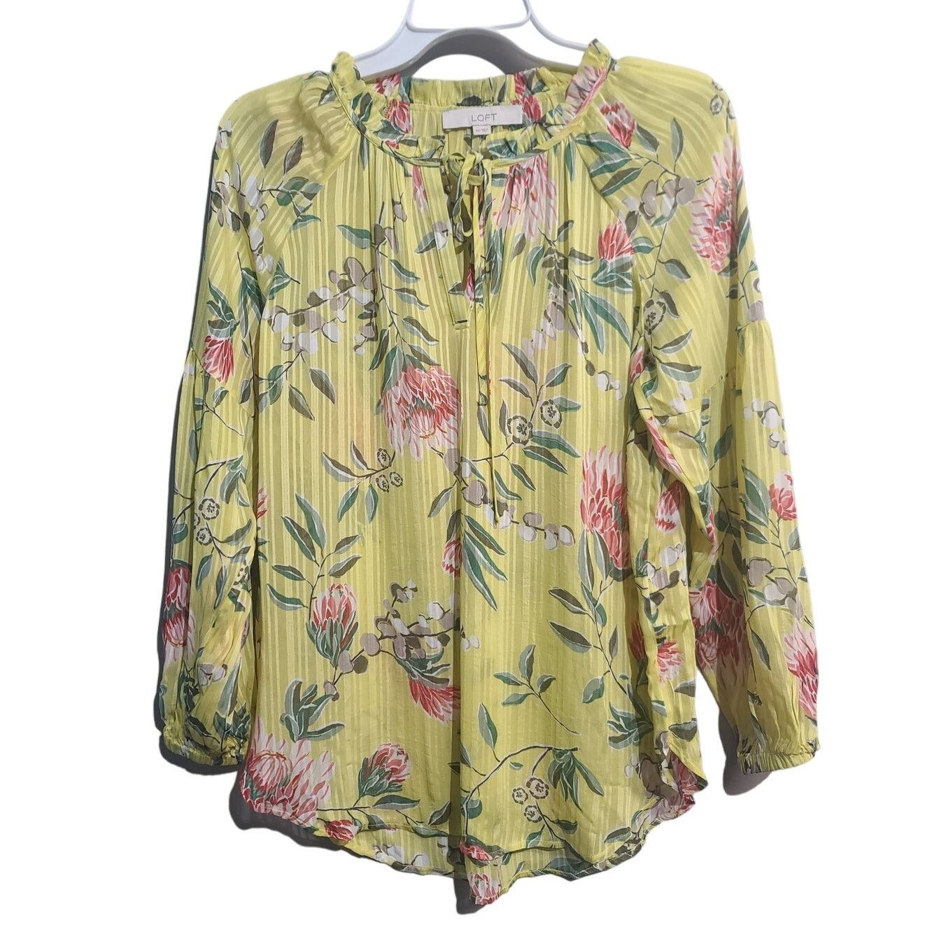 Loft LOFT Yellow Floral Pleated Tie Neck Blouse Size XS / US 0-2 / IT 36-38 - 2 Thumbnail