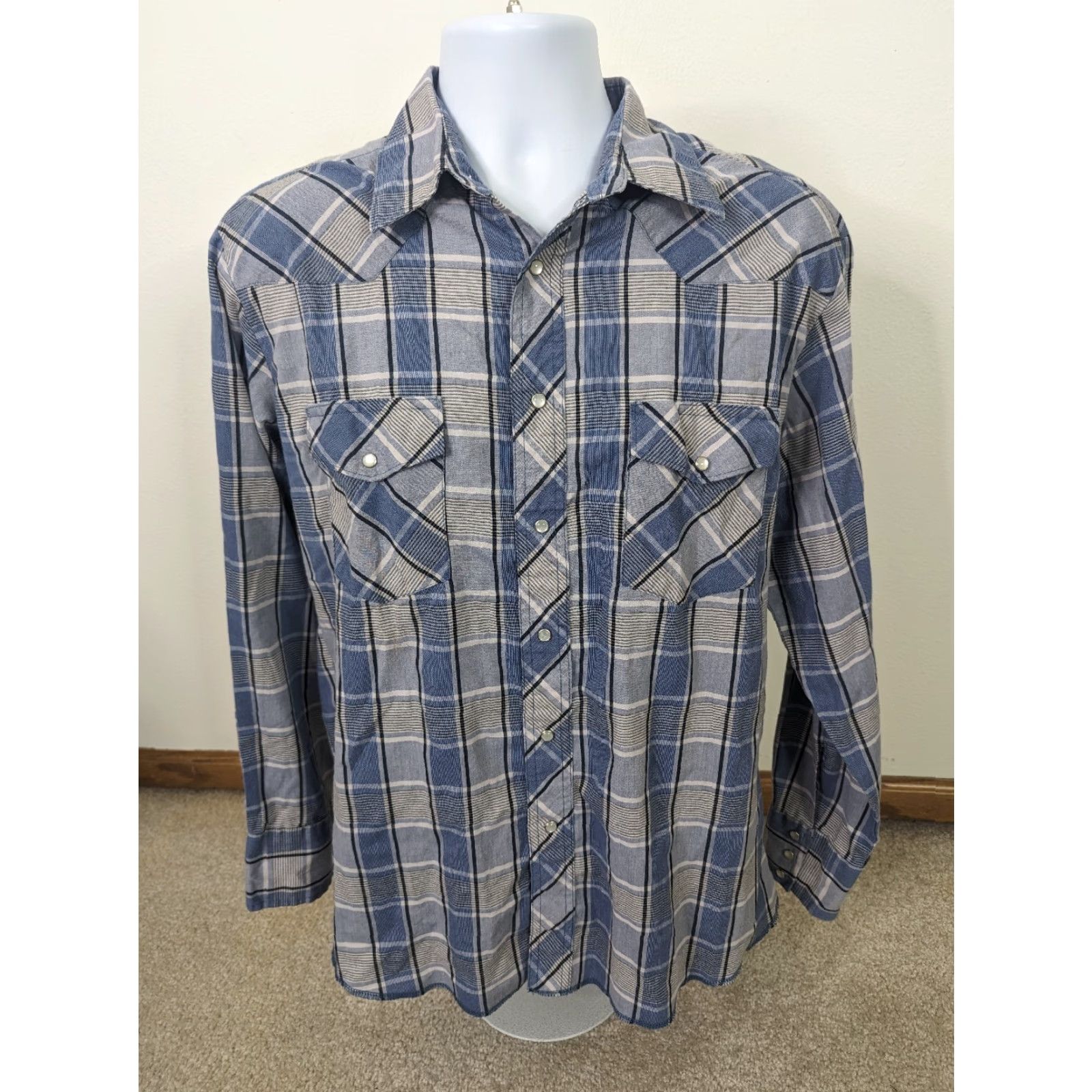 Wrangler VINTAGE Wrangler Western Shirt Mens XL Blue Silver Plaid Pearl Snap Button T6F Size US XL / EU 56 / 4 - 2 Thumbnail