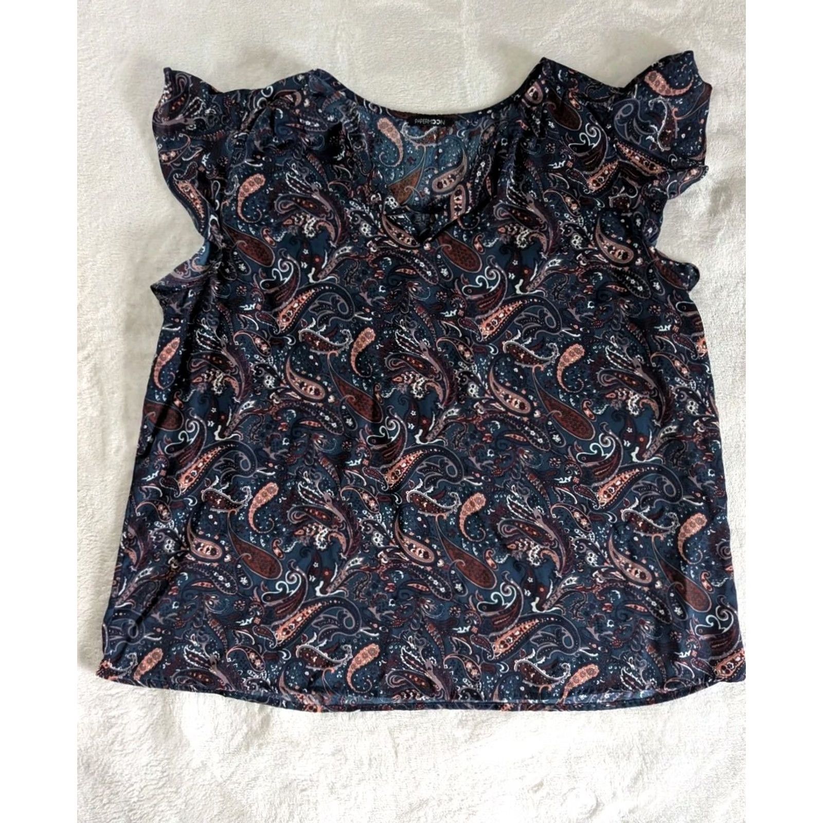 Vintage Papermoon Blouse Sleeveless Navy Paisley Blue V-Neck Ruffle Women 2X Plus(Size) Boho Casual Womens Size XXL / US 16-18 / IT 52-54 - 2 Thumbnail