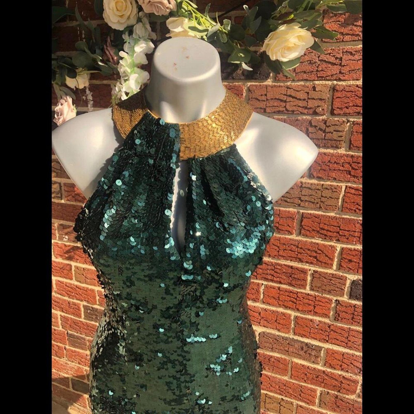 & Other Stories Dress Gown Wedding Green sequin Gold beaded collar halter Size S / US 4 / IT 40 - 4 Thumbnail