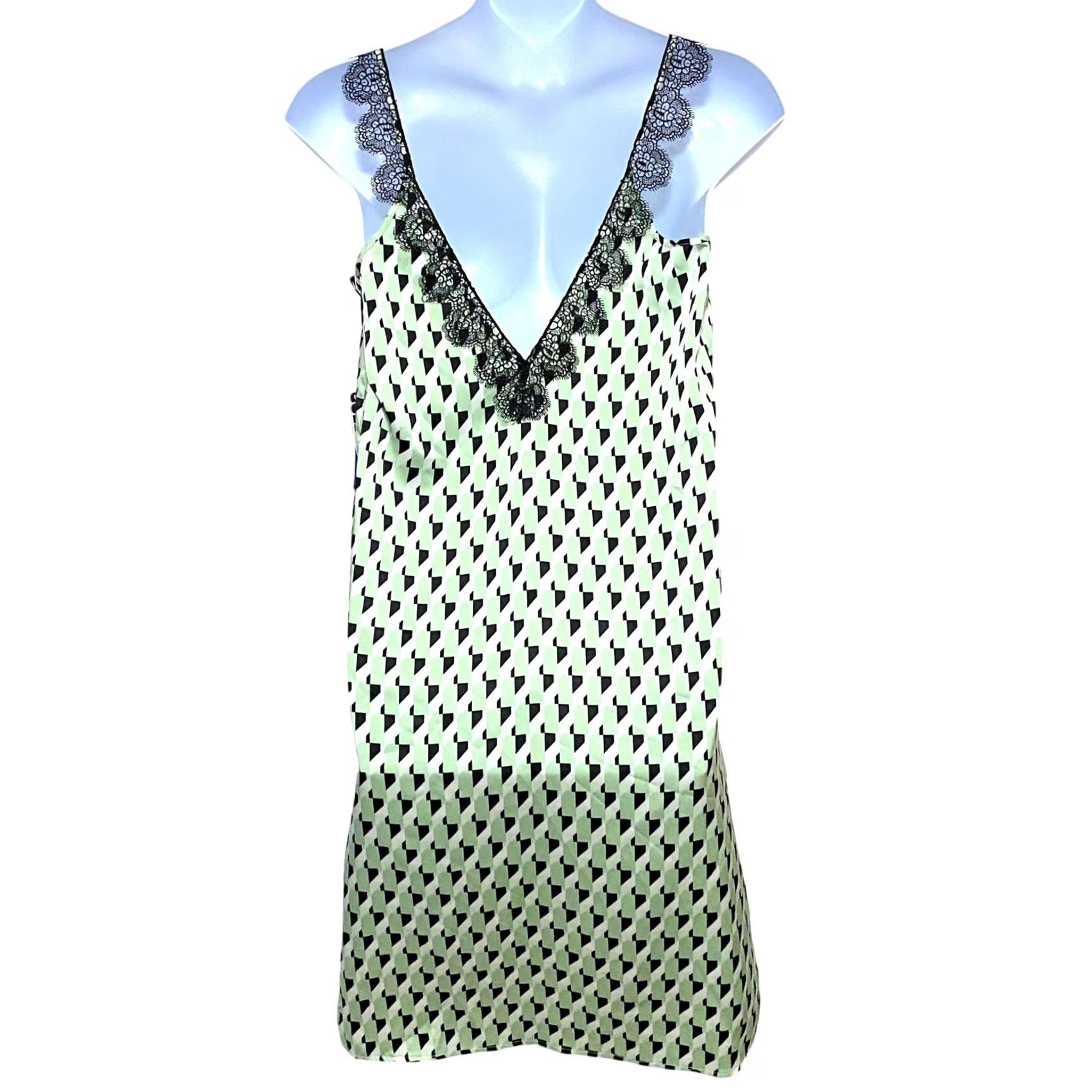 Vintage VINTAGE Future Collective Slip Dress XL Green Geometric V-Neck Lace Trim NWT Retro Party/Cocktail Womens Size XL / US 12-14 / IT 48-50 - 2 Thumbnail