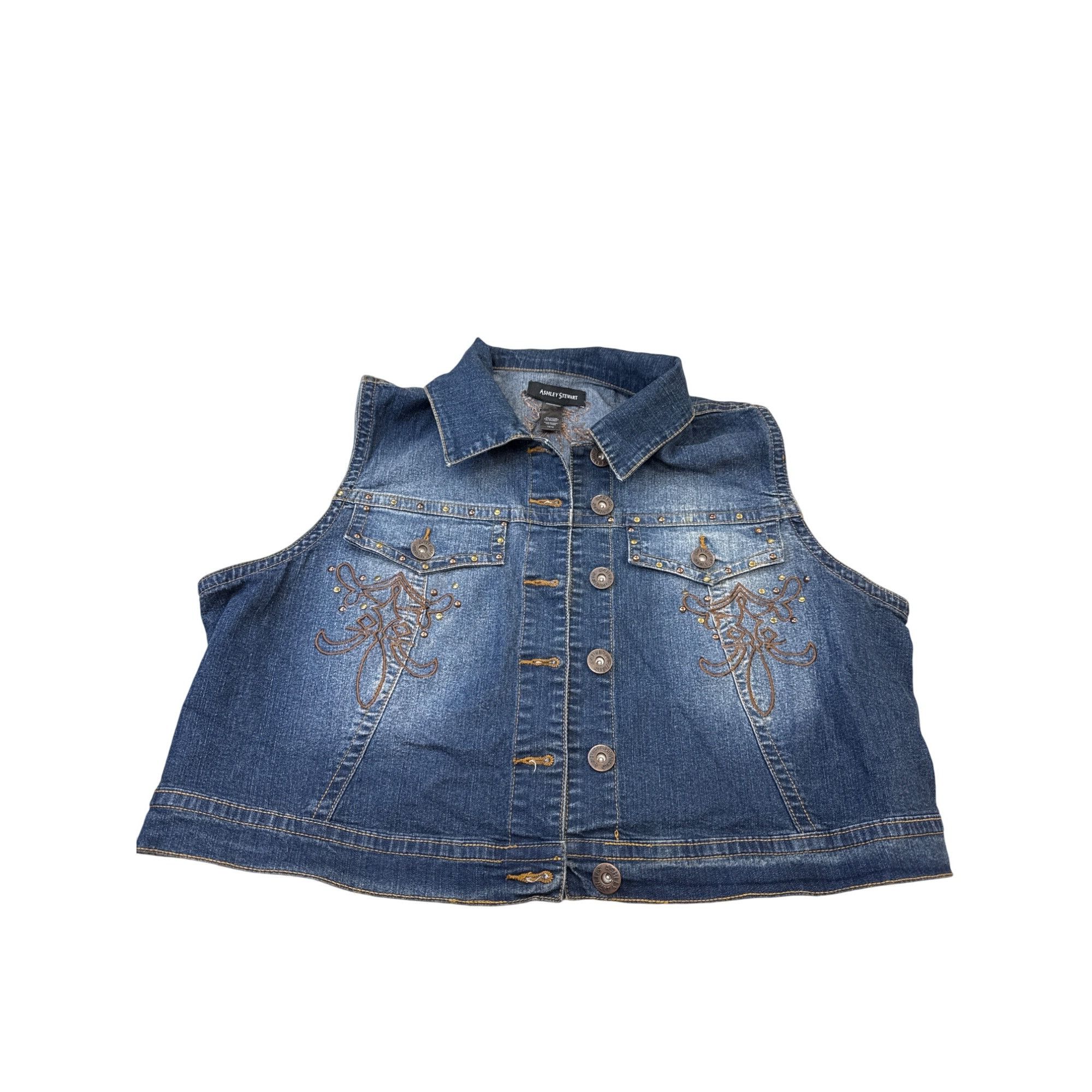 Designer Ashley Stewart Womens Blue Denim Embroidered Vest Size 14/16 Size XL / US 12-14 / IT 48-50 - 1 Thumbnail